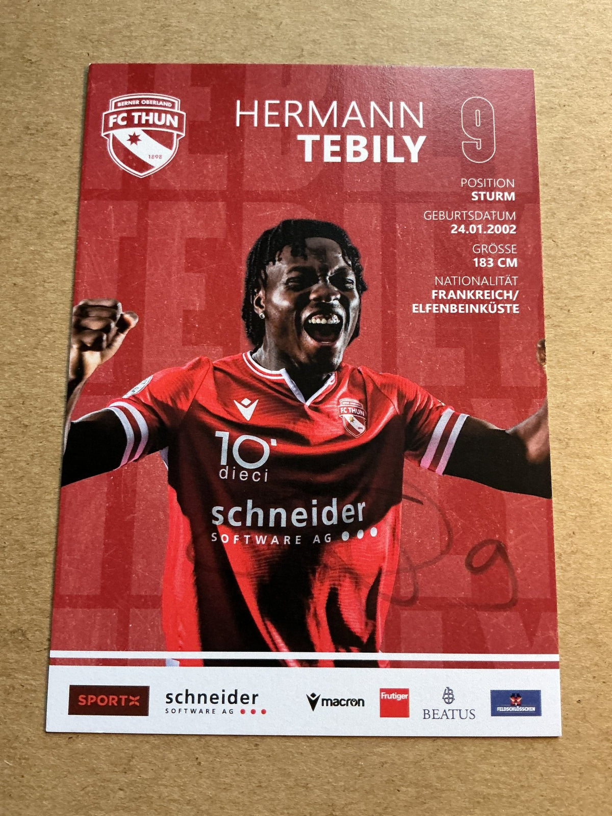 Hermann Tebily, France 🇫🇷 FC Thun 2023/24 hand signed - Autographs-World