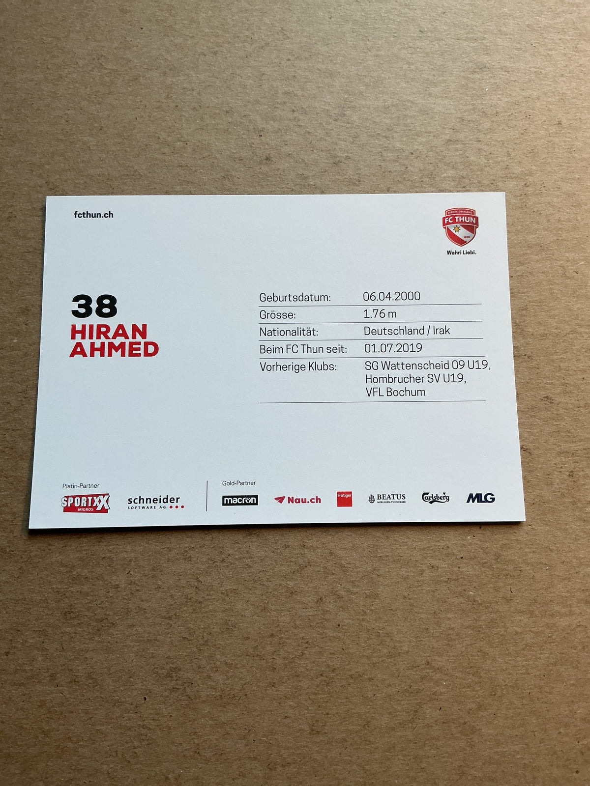 Hiran Ahmed, Germany 🇩🇪 FC Thun 2020/21 hand signed - Autographs-World