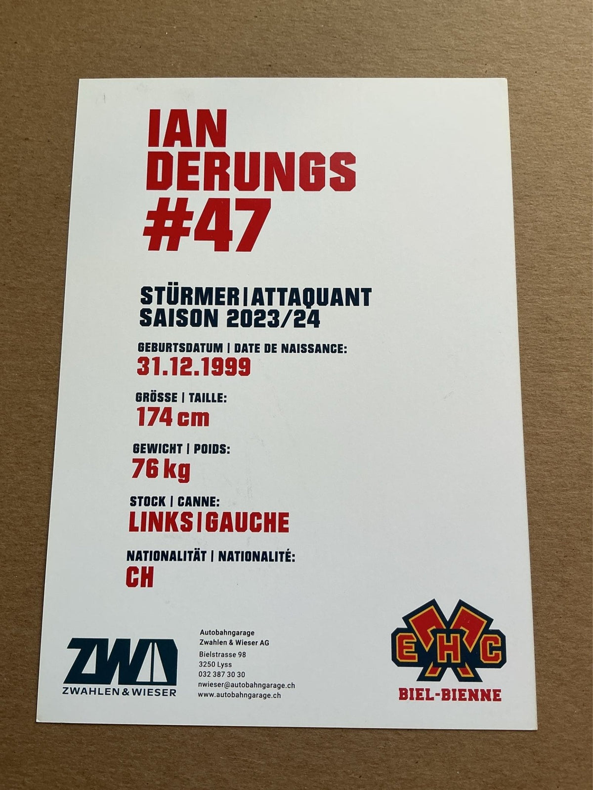 Ian Derungs, Switzerland 🇨🇭 EHC Biel-Bienne 2023/24 hand signed - Autographs-World