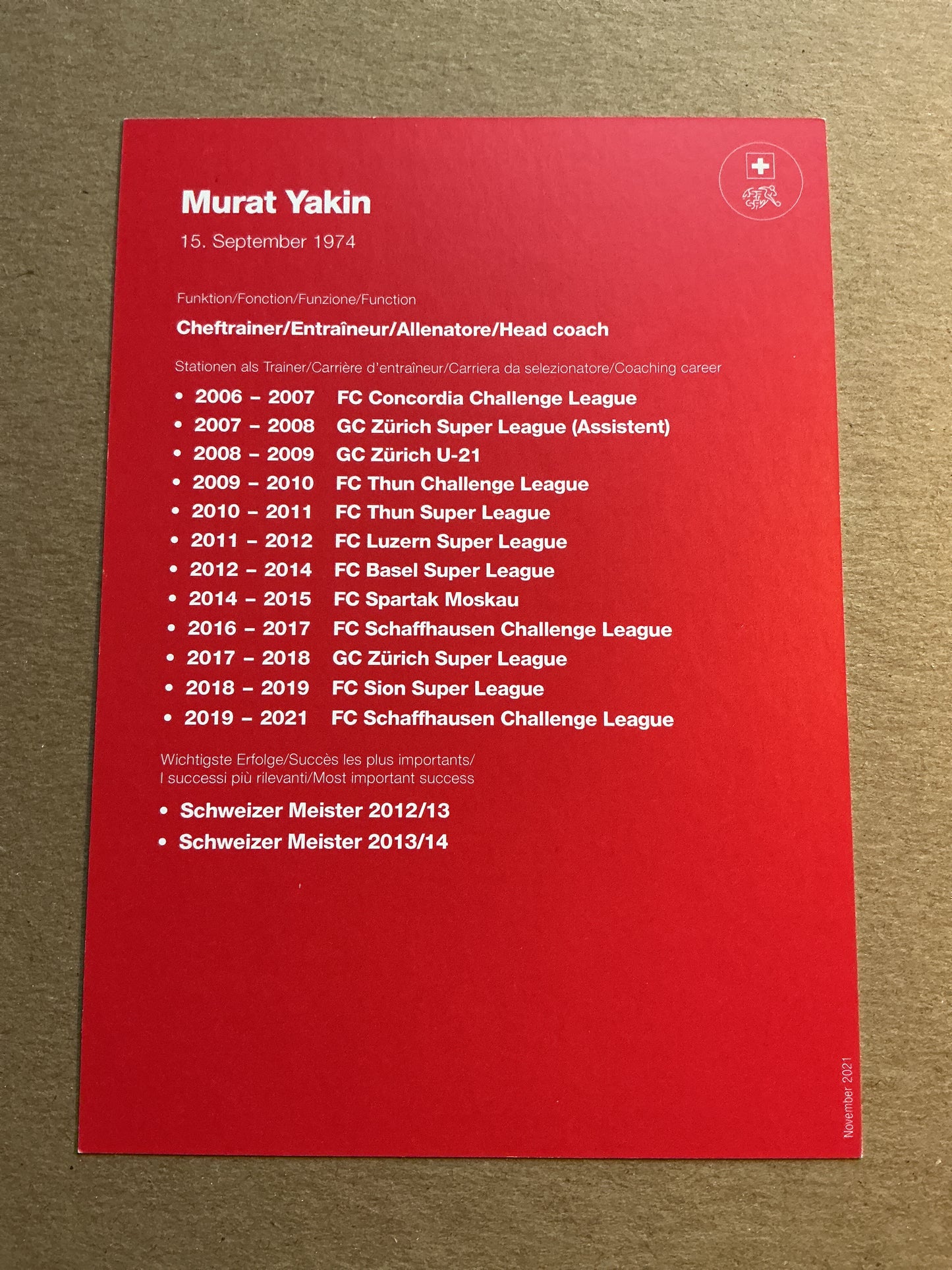 Murat Yakin, Switzerland 🇨🇭 2021 hand signed