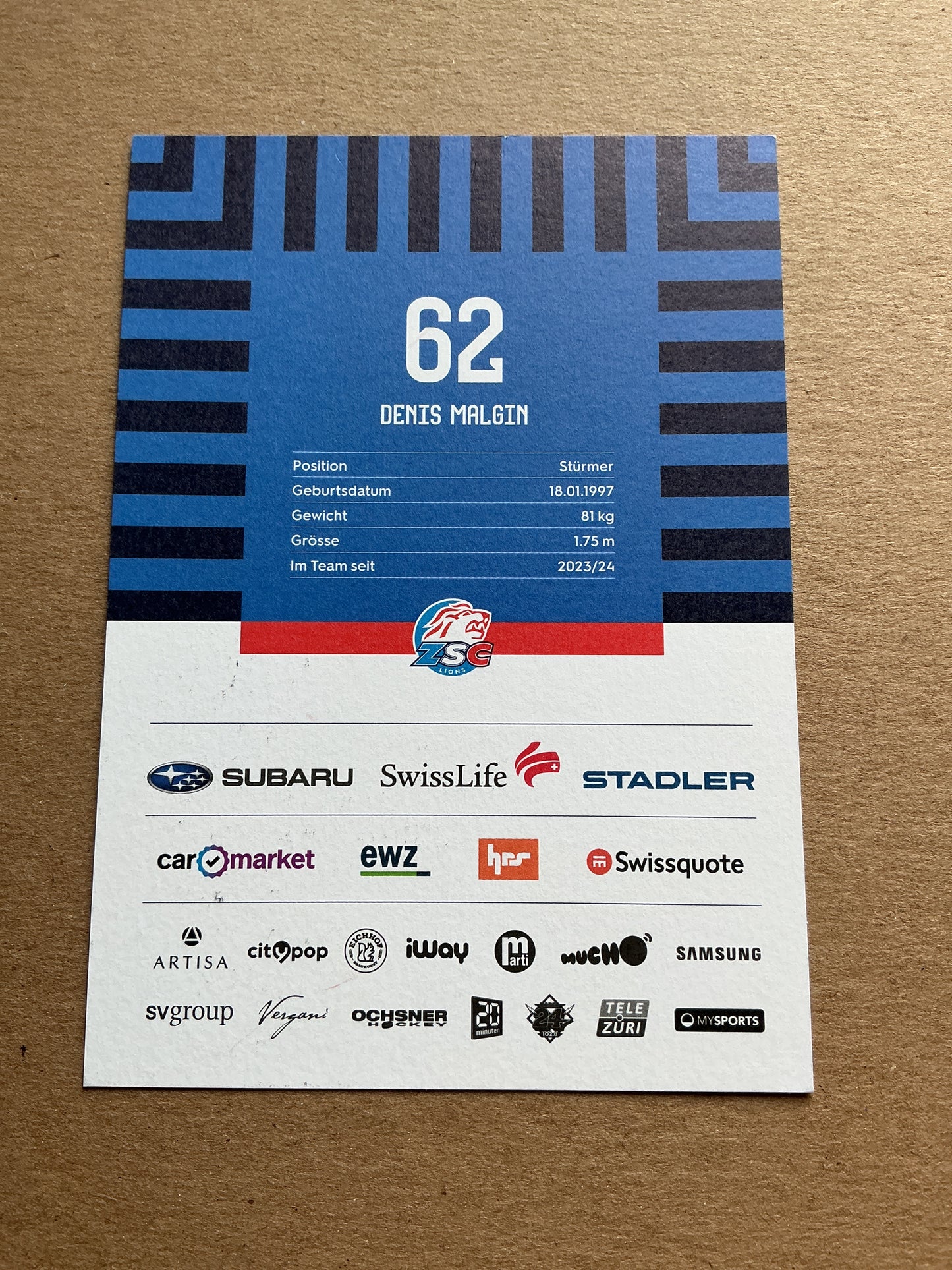 Denis Malgin, Switzerland 🇨🇭 ZSC Lions 2024/25 hand signed