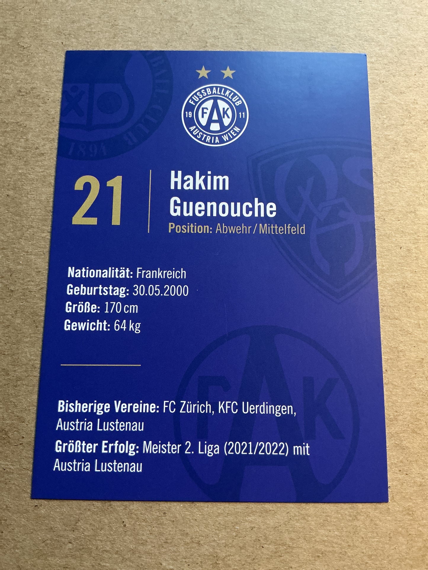 Hakim Guenouche, France 🇫🇷 FK Austria Wien 2023/24 hand signed