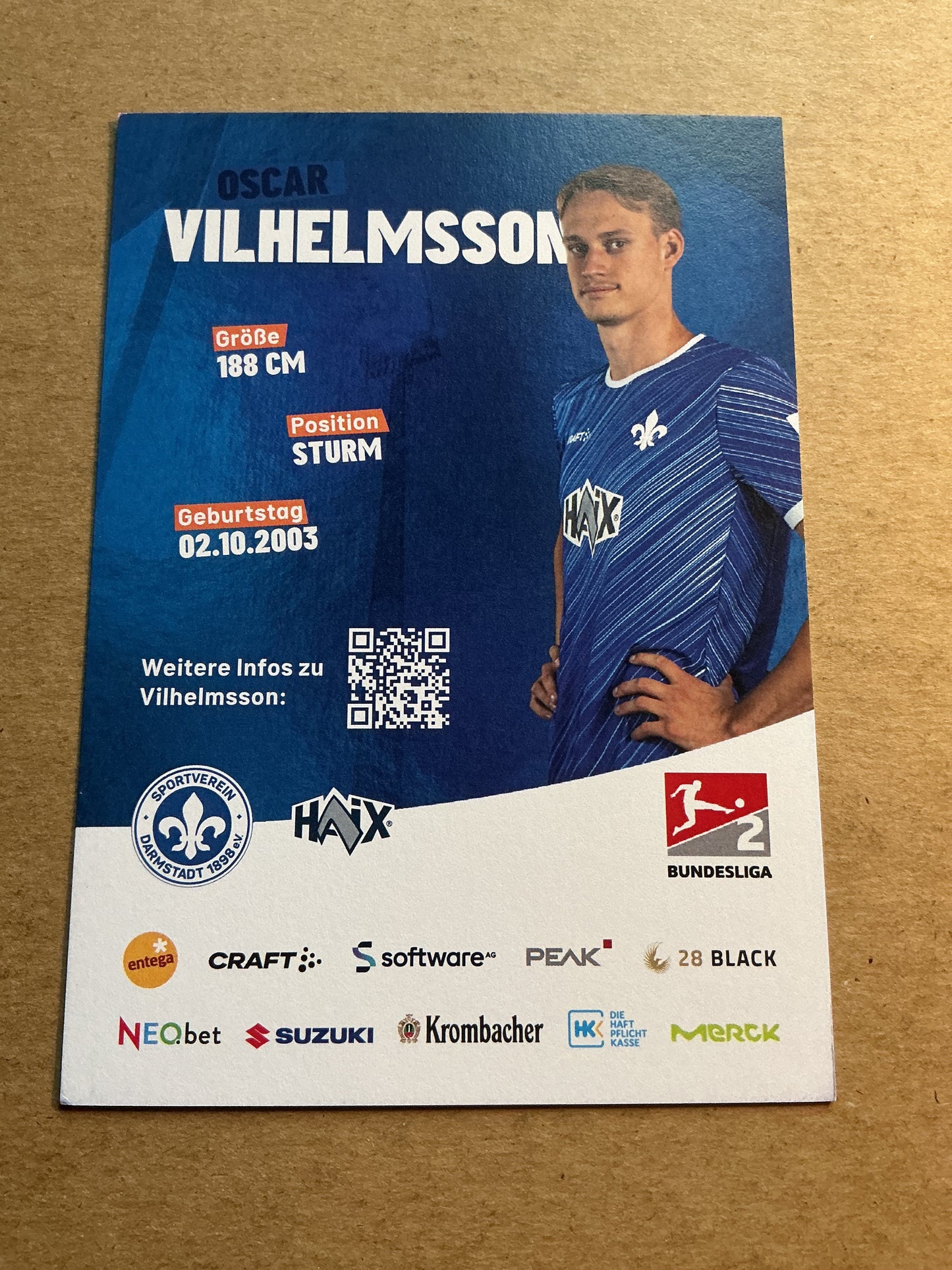Oscar Vilhelmsson, Sweden 🇸🇪 SV Darmstadt 98 2023/24 hand signed