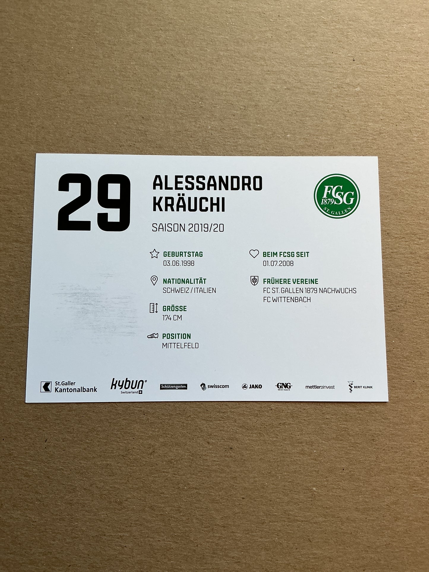 Alessandro Kräuchi, Switzerland 🇨🇭 FC St. Gallen 2019/20 hand signed