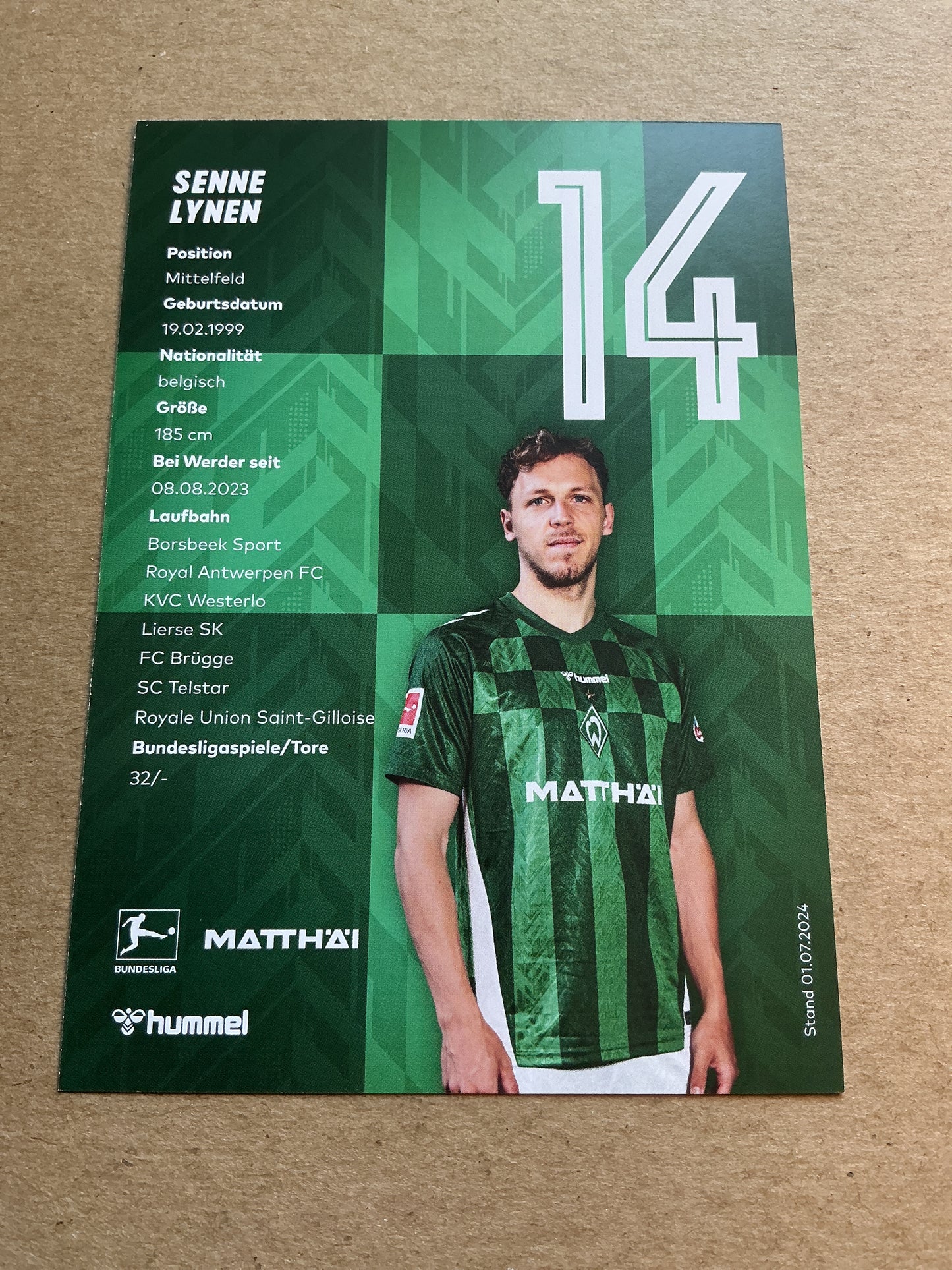 Senne Lynen, Belgium 🇧🇪 SV Werder Bremen 2024/25 hand signed