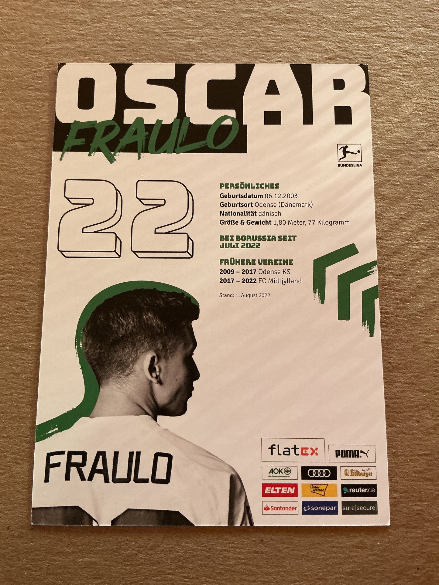 Oscar Fraulo, Denmark 🇩🇰 Borussia Mönchengladbach 2022/23 hand signed