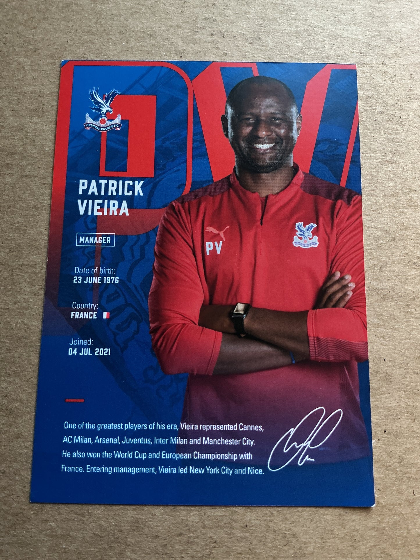 Patrick Vieira, France 🇫🇷 Crystal Palace FC 2021/22 hand signed