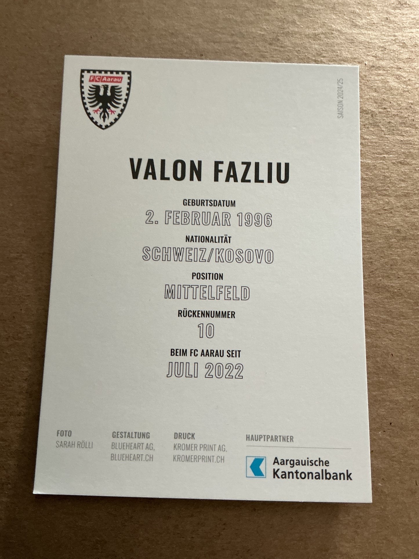 Valon Fazliu, Switzerland 🇨🇭 FC Aarau 2024/25 hand signed