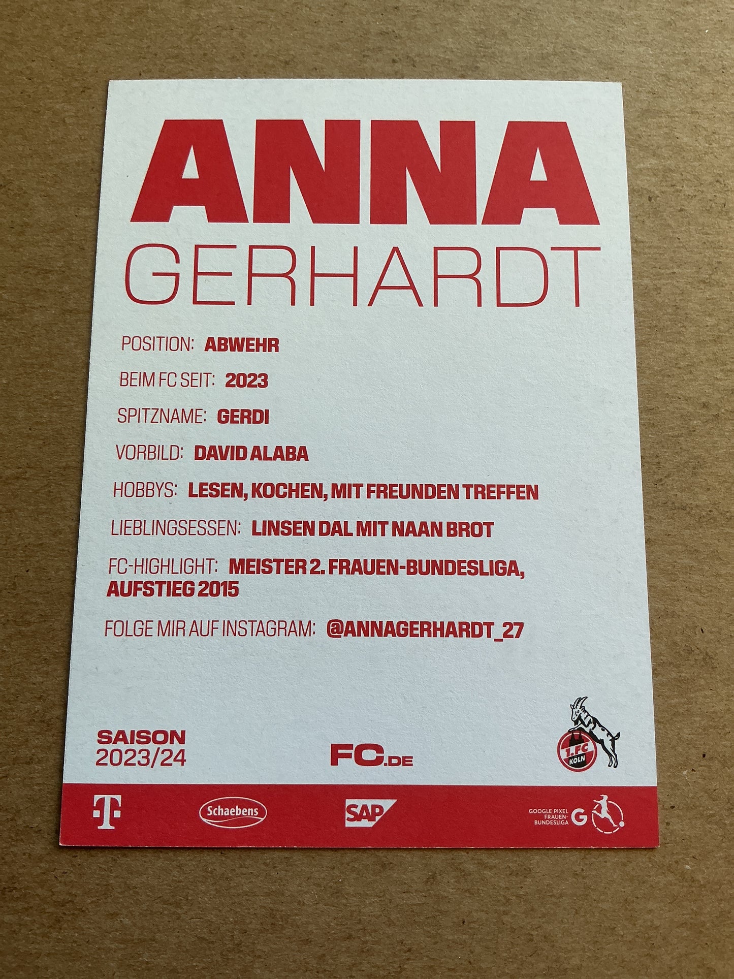 Anna Gerhardt, Germany 🇩🇪 1.FC Köln 2023/24 hand signed