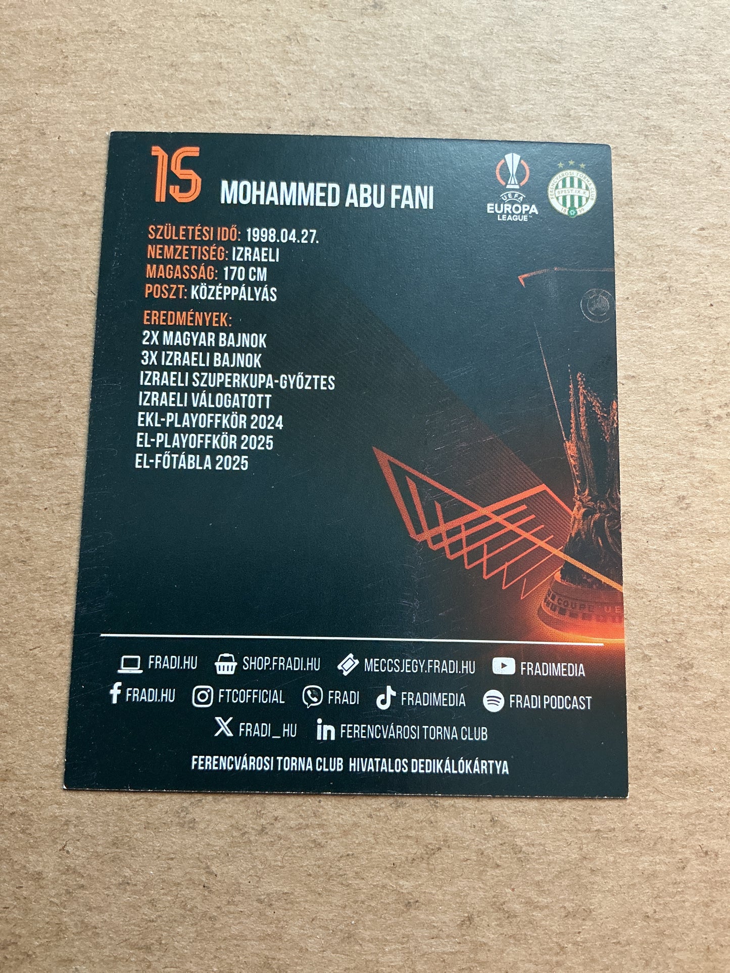 Mohammed Abu Fani, Israel 🇮🇱 Ferencvaros 2025/26 hand signed