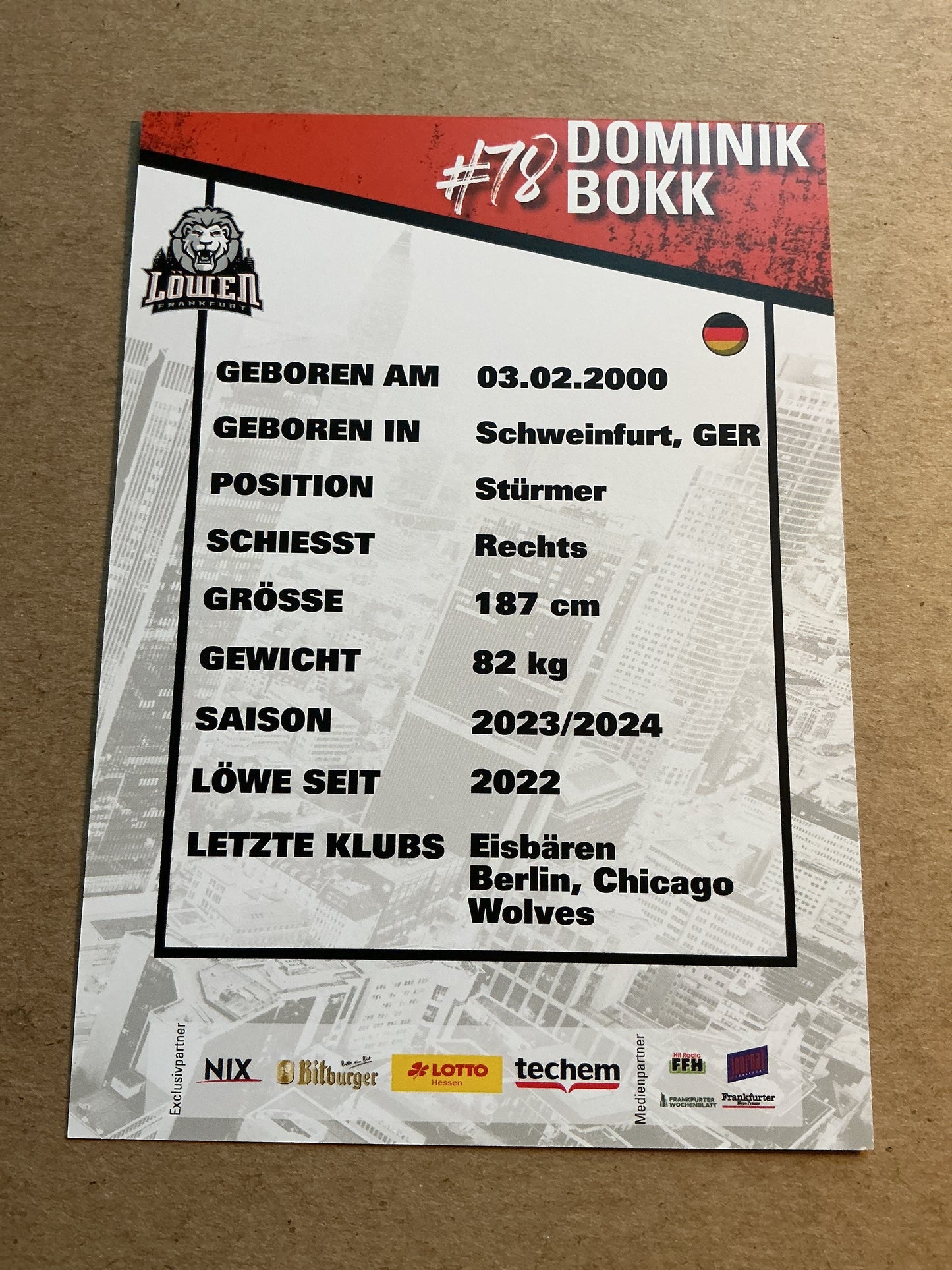 Dominik Bokk, Germany 🇩🇪 Löwen Frankfurt 2023/24 hand signed