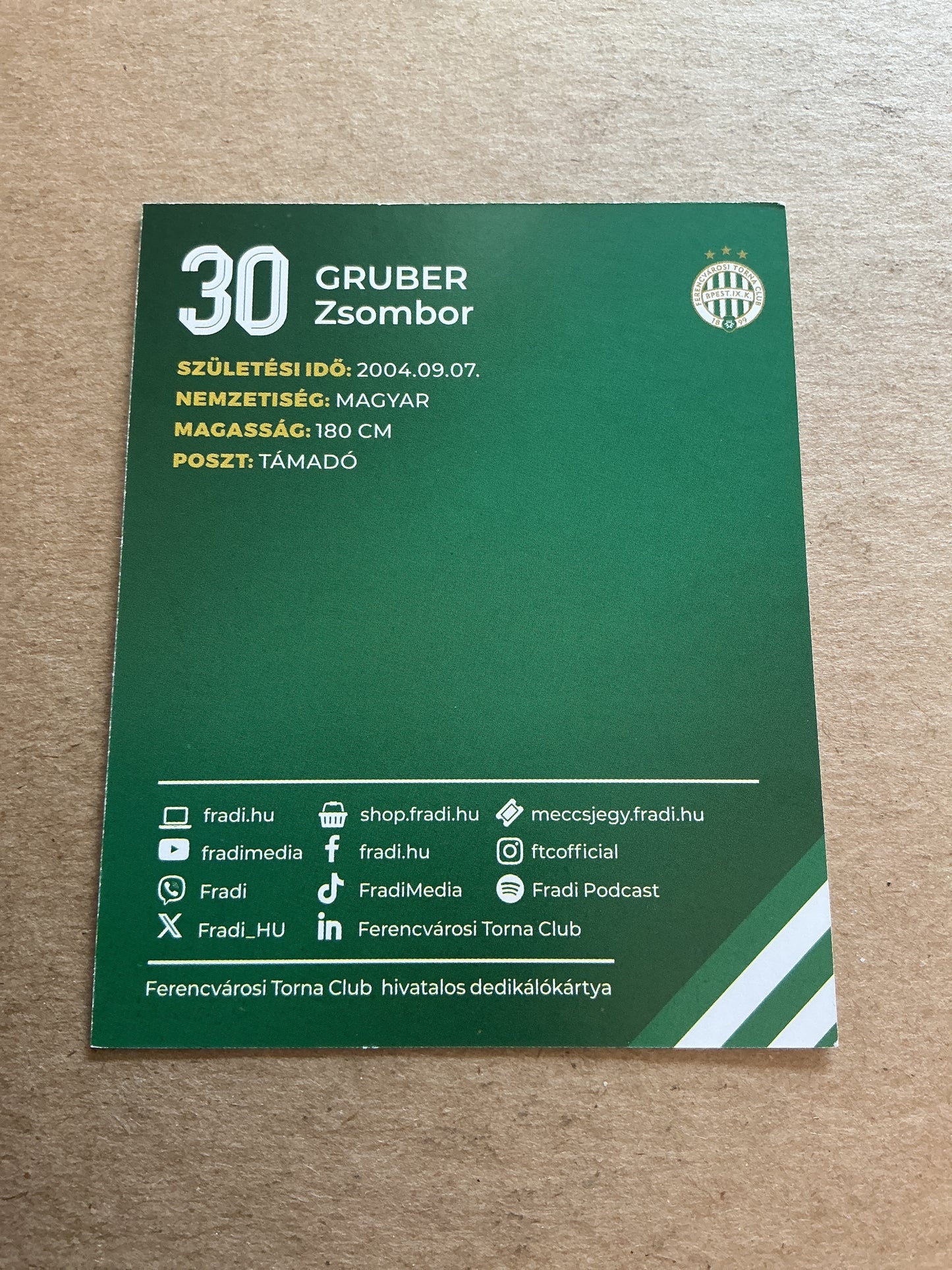 Zsombor Gruber, Hungary 🇭🇺 Ferencvaros TC 2024/25 hand signed