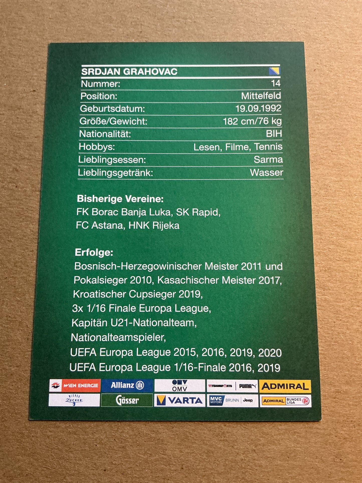 Srdjan Grahovac, Bosnia 🇧🇦 Rapid Wien 2021/22 hand signed