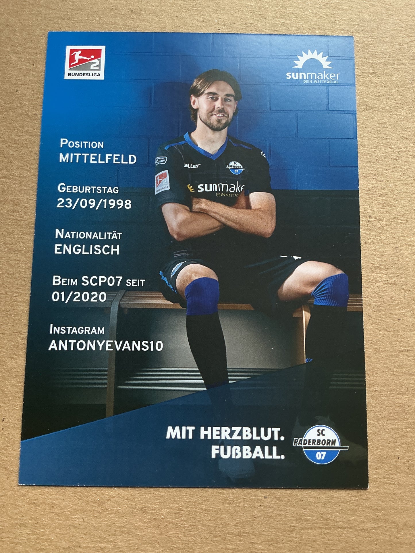 Antony Evans, England 🏴󠁧󠁢󠁥󠁮󠁧󠁿 SC Paderborn 07 2020/21 hand signed