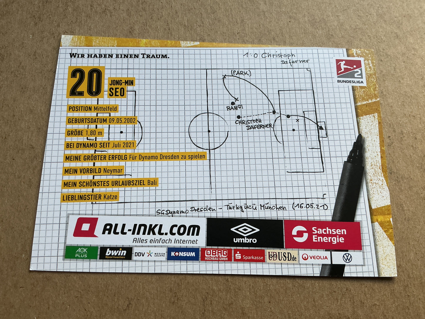 Seo Jong-min, South Korea 🇰🇷 Dynamo Dresden 2021/22 hand signed