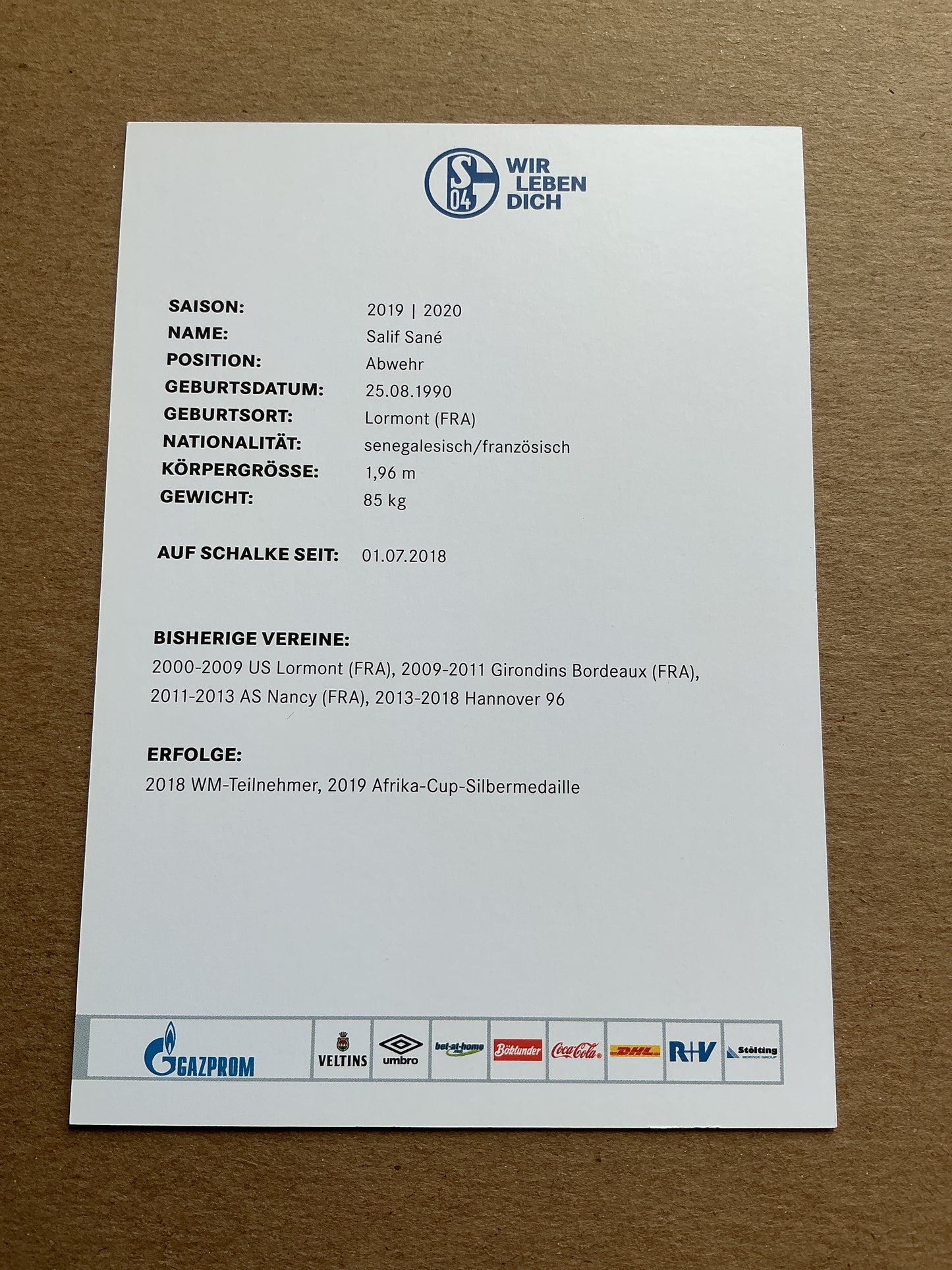 Salif Sané, Senegal 🇸🇳 FC Schalke 04 2019/20 hand signed
