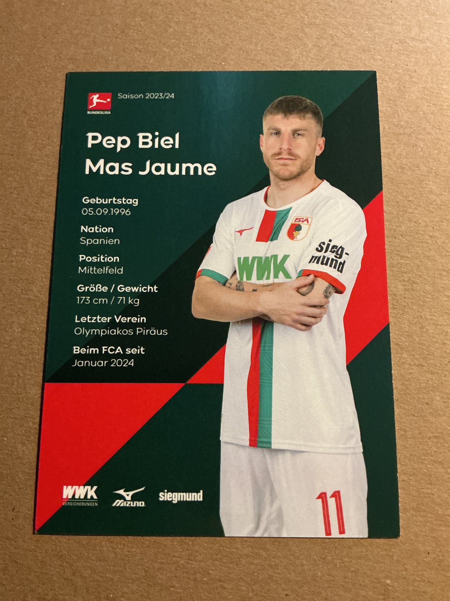 Pep Biel Mas Jaume, Spain 🇪🇸 FC Augsburg 2023/24 hand signed