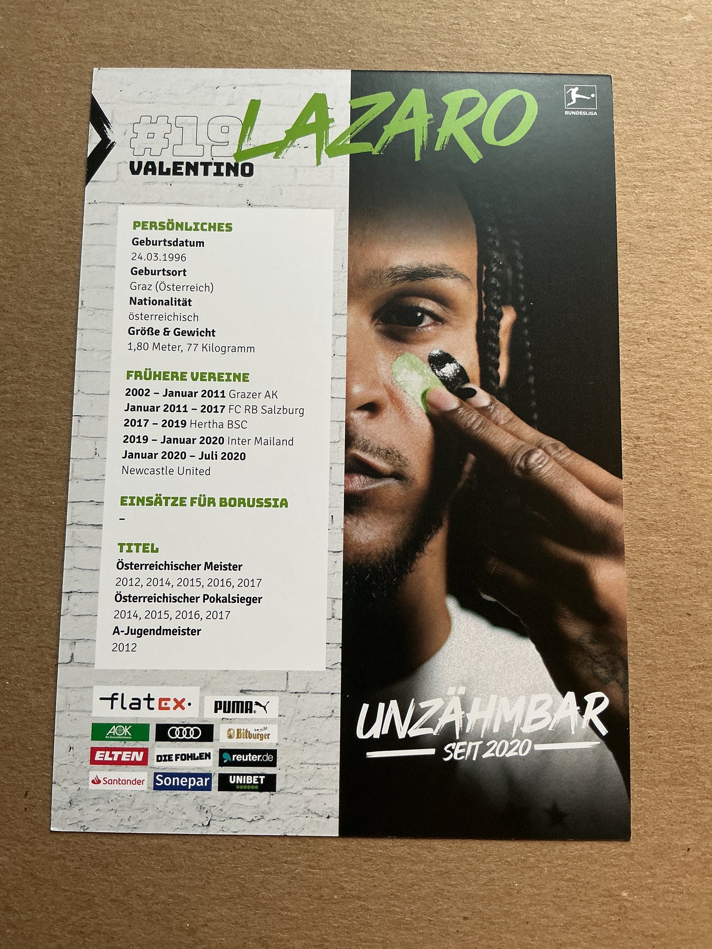 Valentino Lazaro, Austria 🇦🇹 Borussia Mönchengladbach 2020/21 hand signed