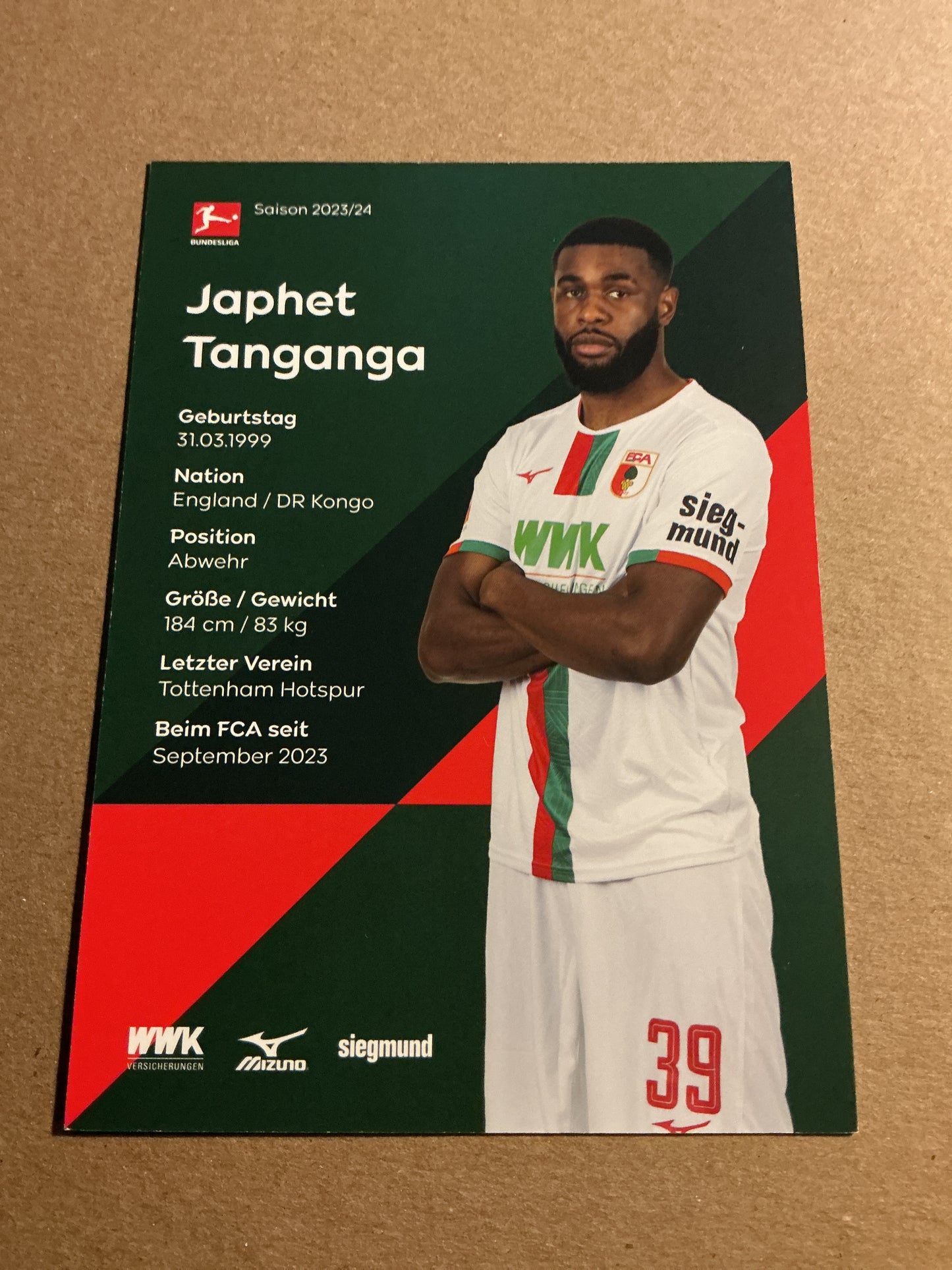 Japhet Tanganga, England 🏴󠁧󠁢󠁥󠁮󠁧󠁿 FC Augsburg 2023/24 hand signed