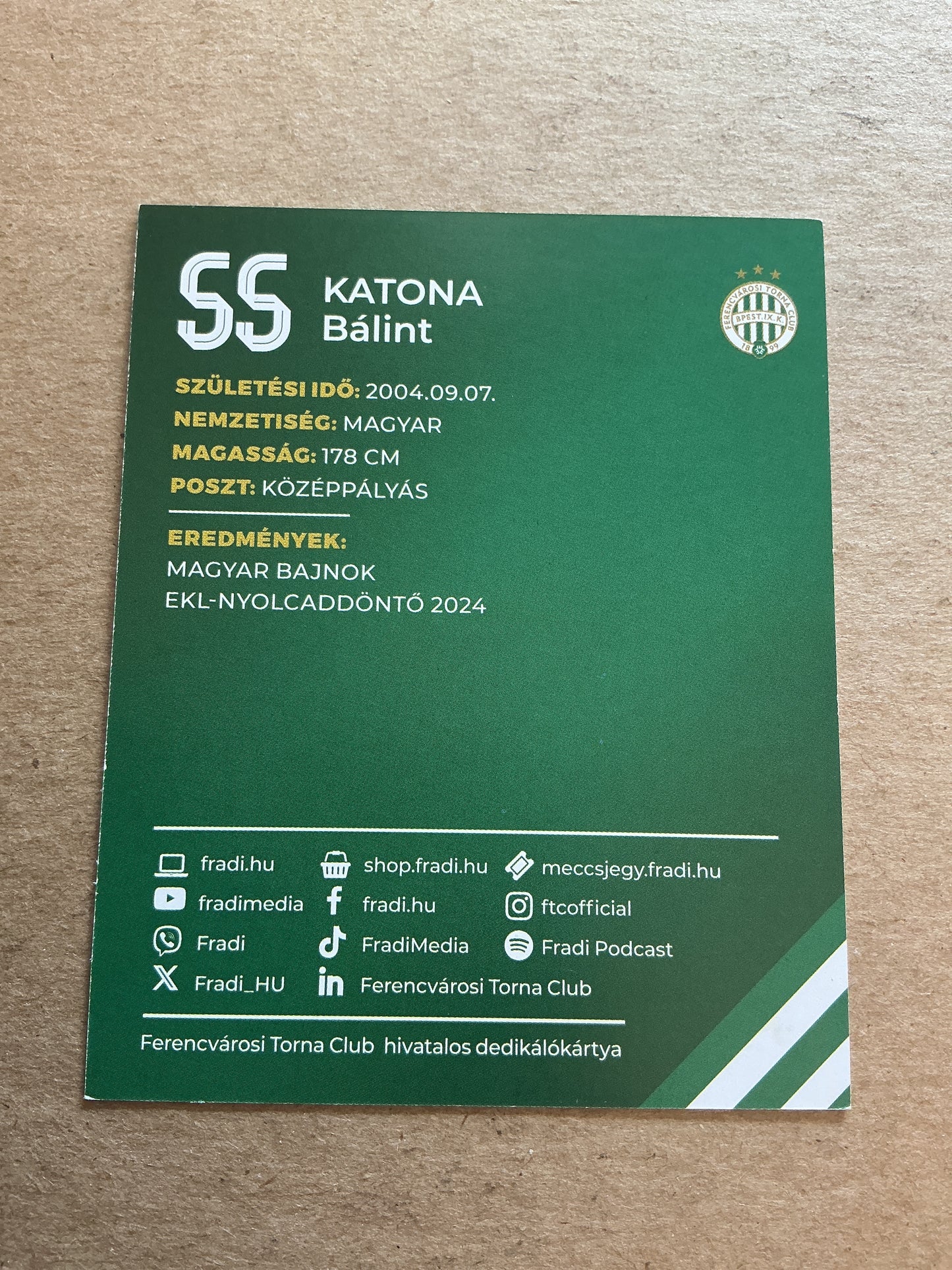 Balint Katona, Hungary 🇭🇺 Ferencvaros TC 2024/25 hand signed
