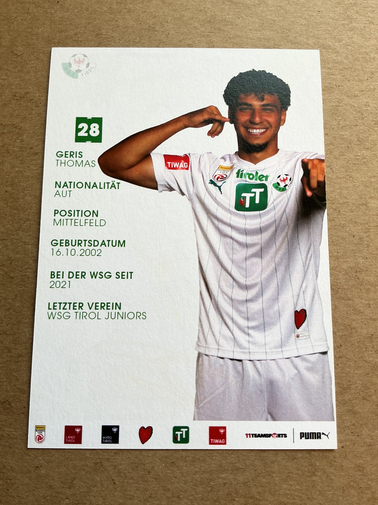 Thomas Geris, Austria 🇦🇹 WSG Tirol 2023/24 hand signed