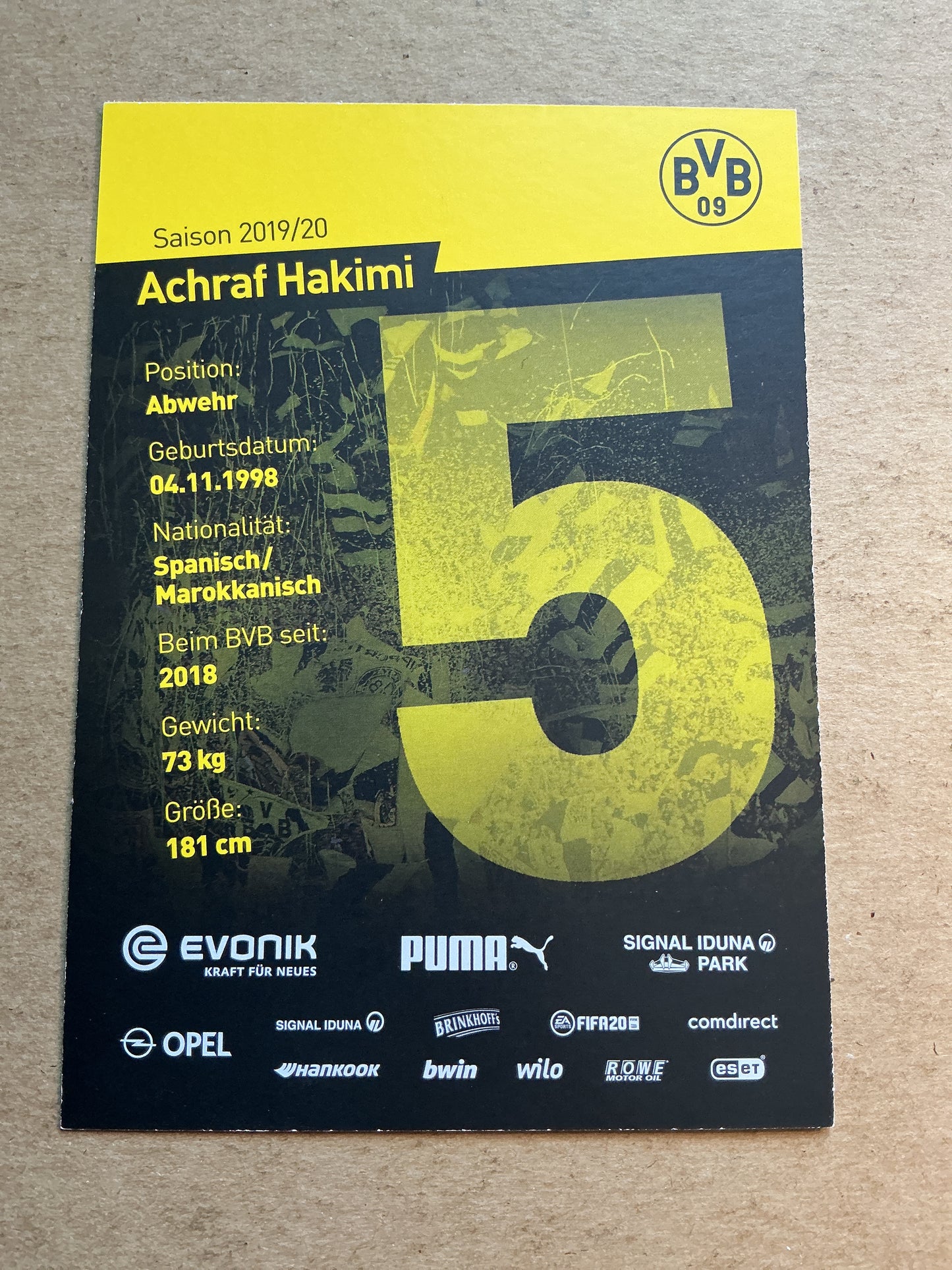Achraf Hakimi, Morocco 🇲🇦 Borussia Dortmund 2019/20 hand signed