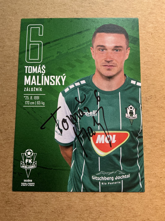 Tomáš Malínský, Czech Republic 🇨🇿 FK Jablonec 2021/22 hand signed