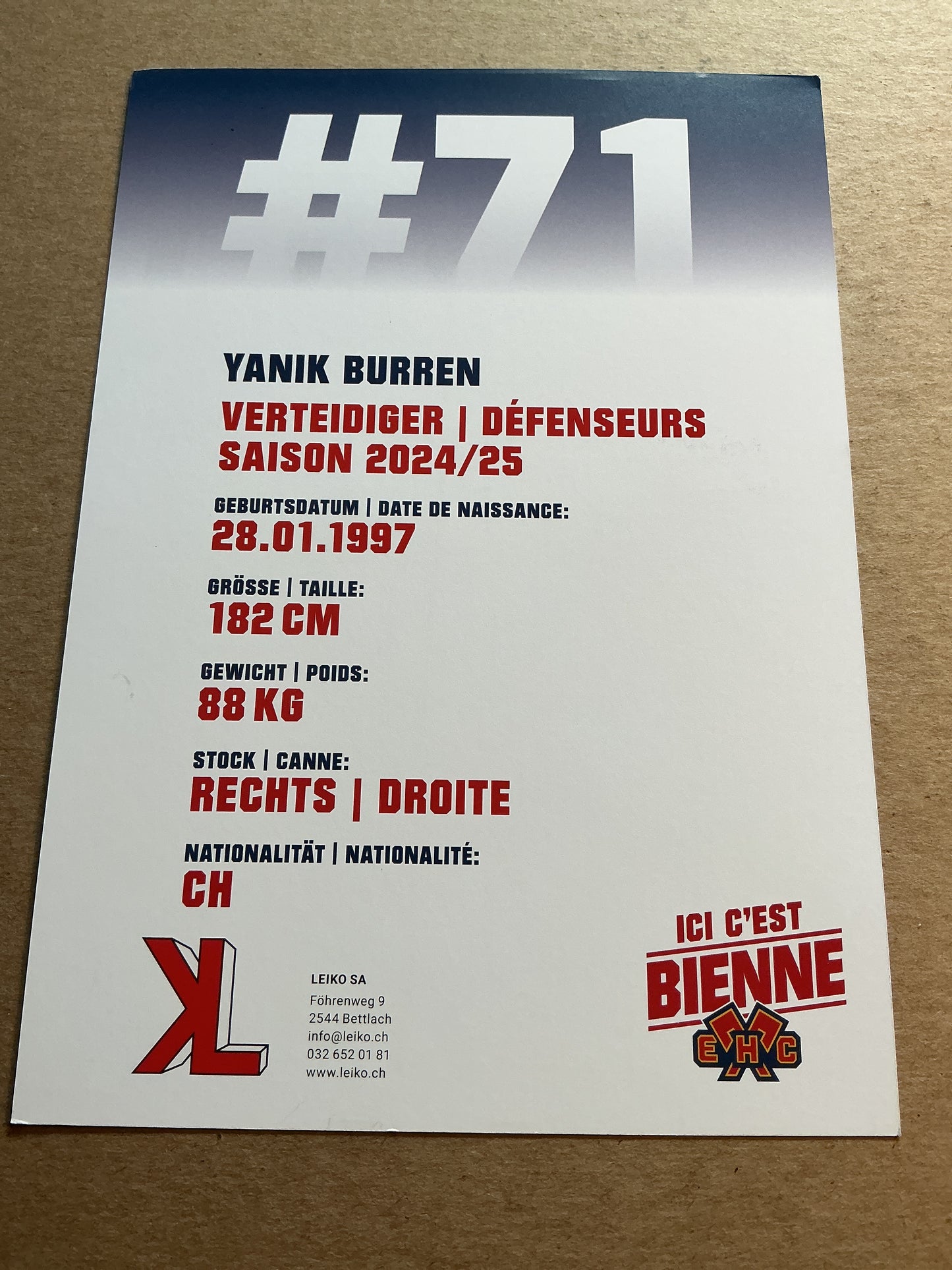 Yanik Burren, Switzerland 🇨🇭 EHC Biel-Bienne 2024/25 hand signed