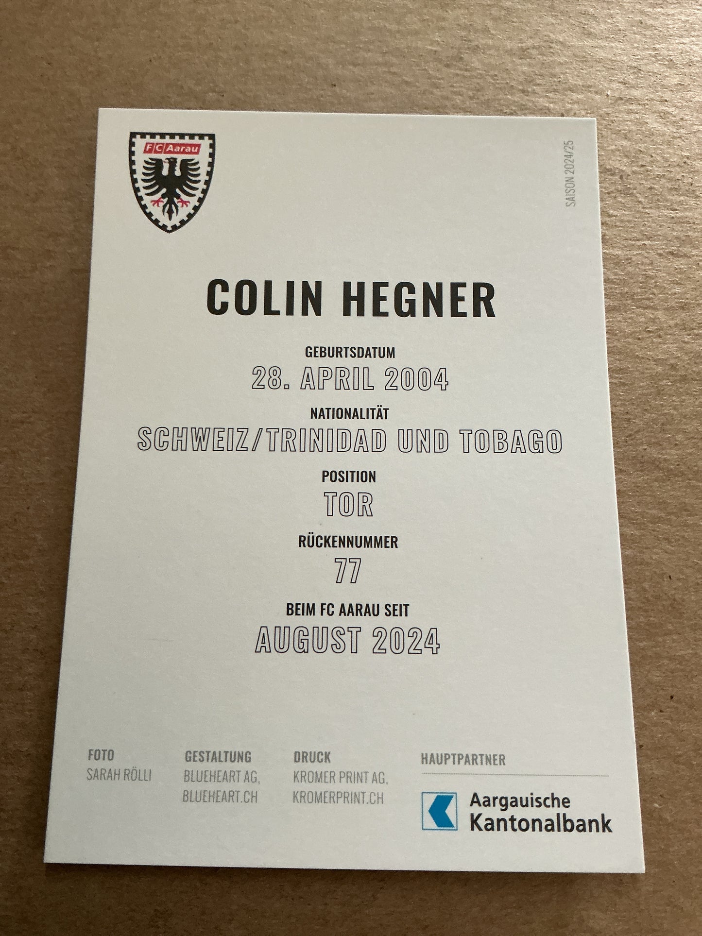 Colin Hegner, Switzerland 🇨🇭 FC Aarau 2024/25 hand signed