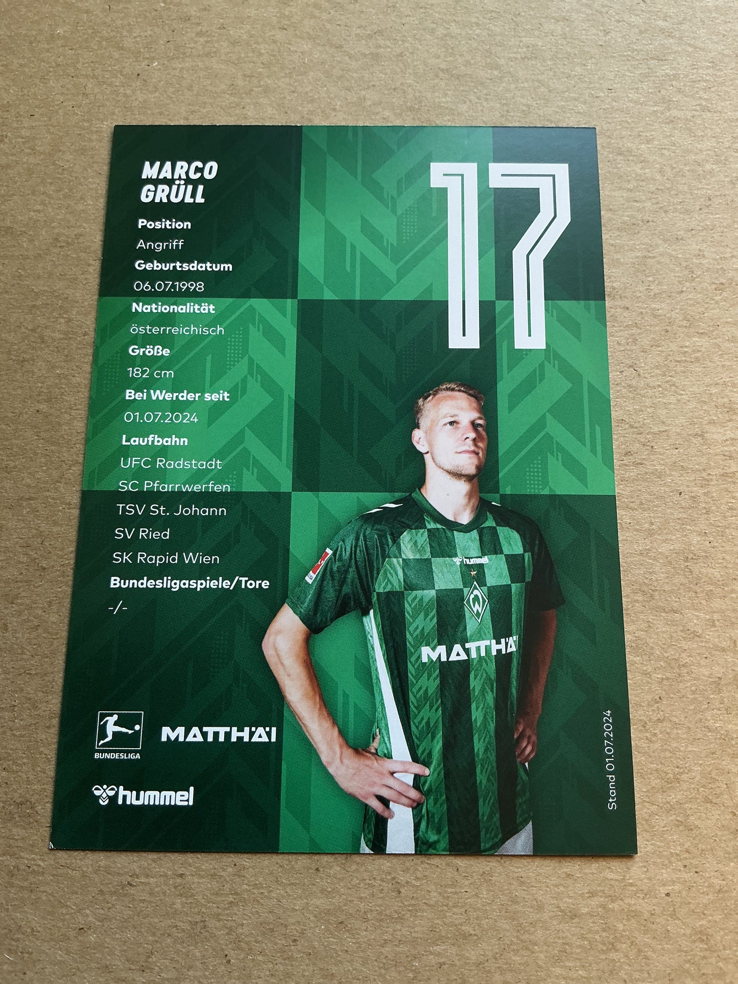 Marco Grüll, Austria 🇦🇹 SV Werder Bremen 2024/25 hand signed