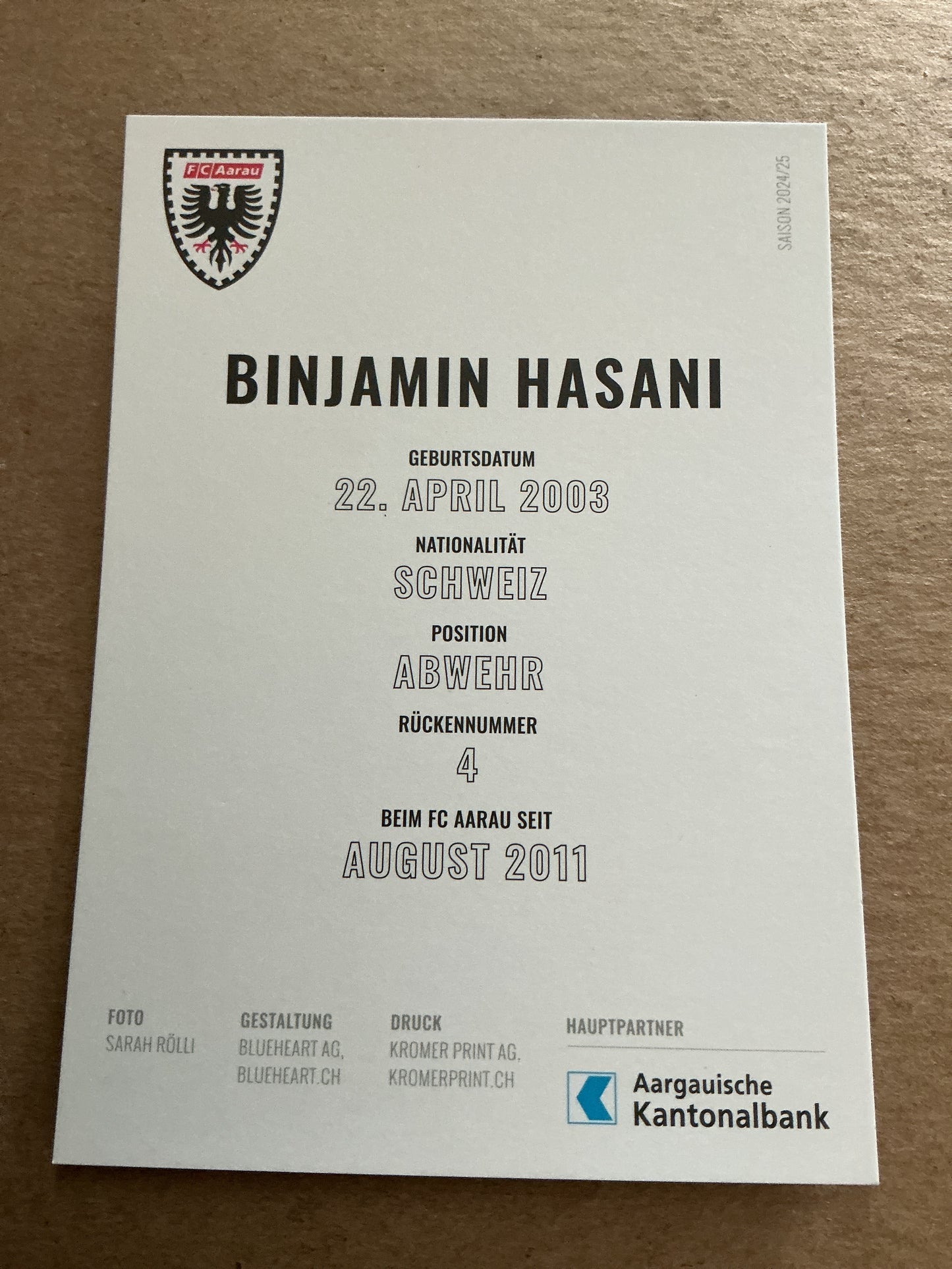 Binjamin Hasani, Switzerland 🇨🇭 FC Aarau 2024/25 hand signed