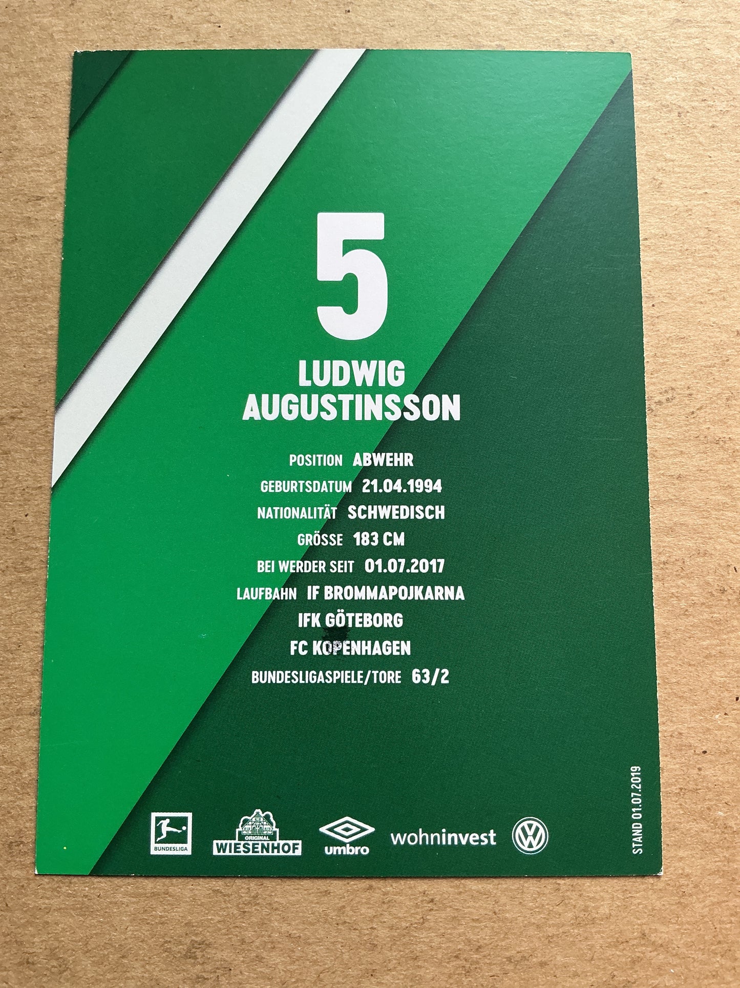 Ludwig Augustinsson, Sweden 🇸🇪 SV Werder Bremen 2019/20 hand signed