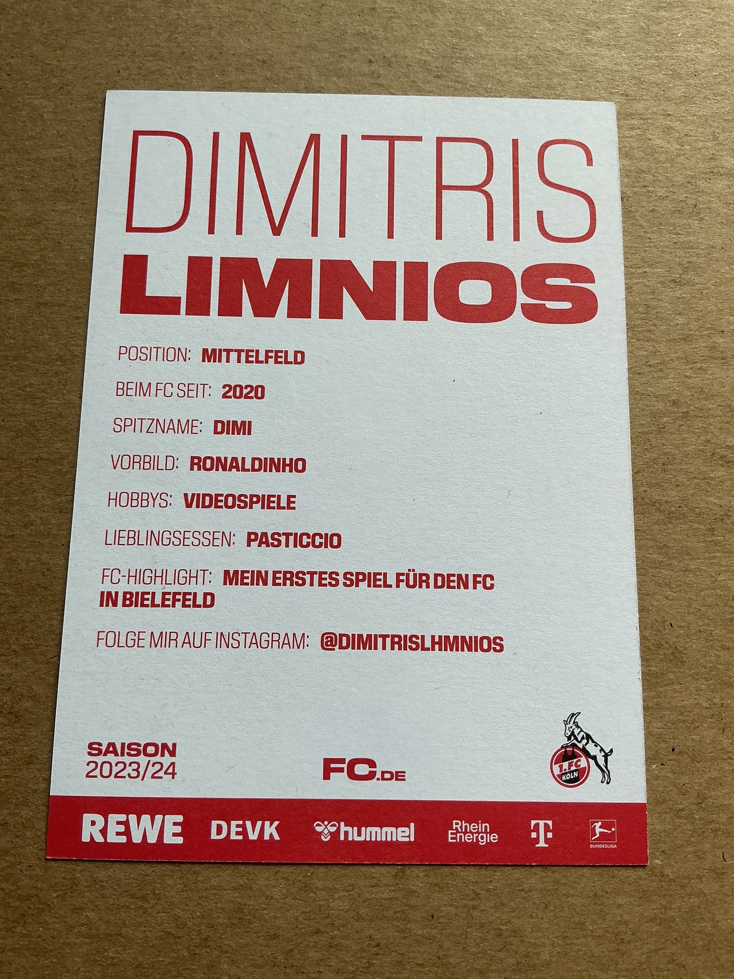 Dimitris Lmnios, Greece 🇬🇷 1.FC Köln 2023/24 hand signed