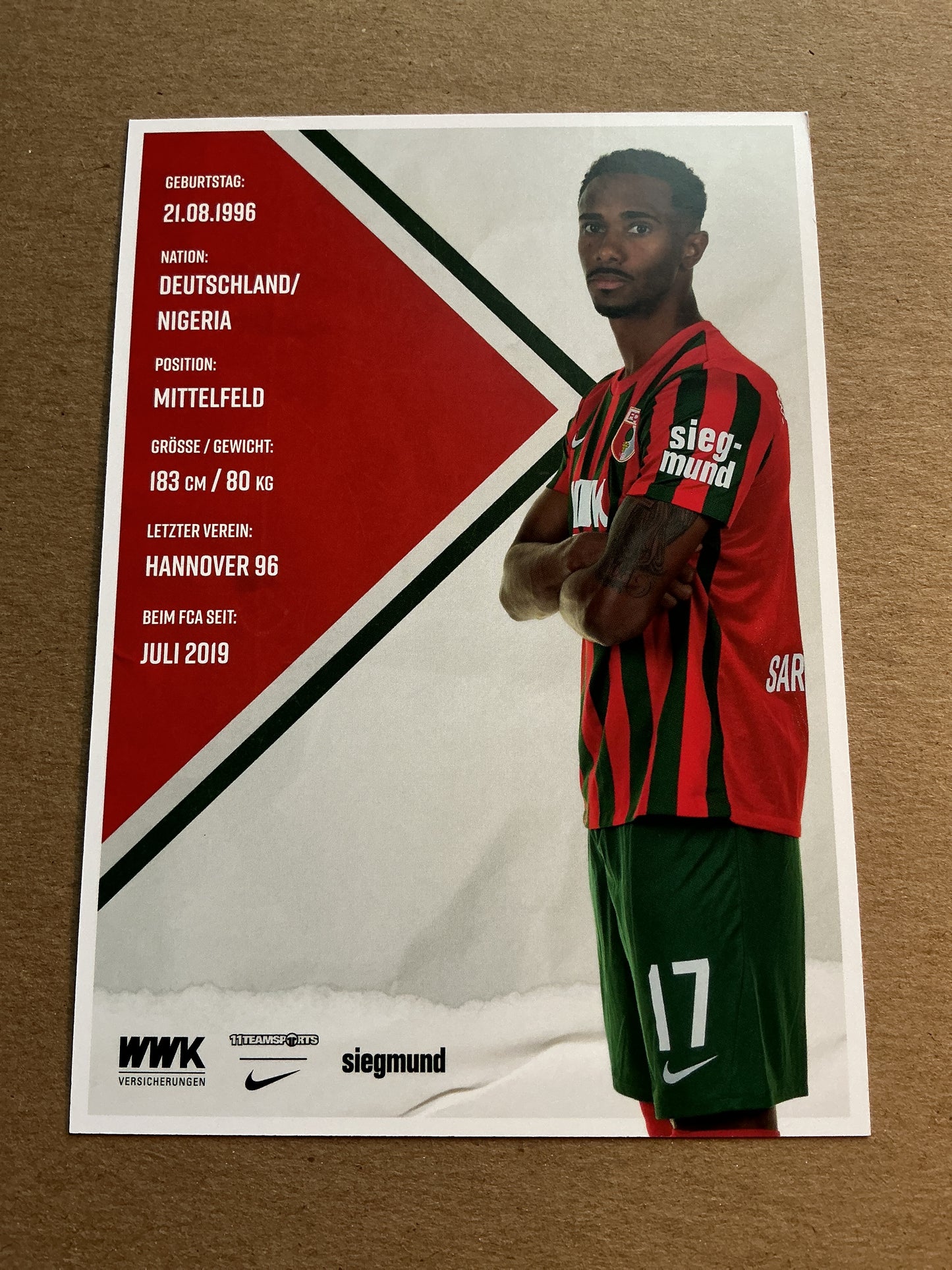 Noah Sarenren Bazee, Germany 🇩🇪 FC Augsburg 2021/22 hand signed