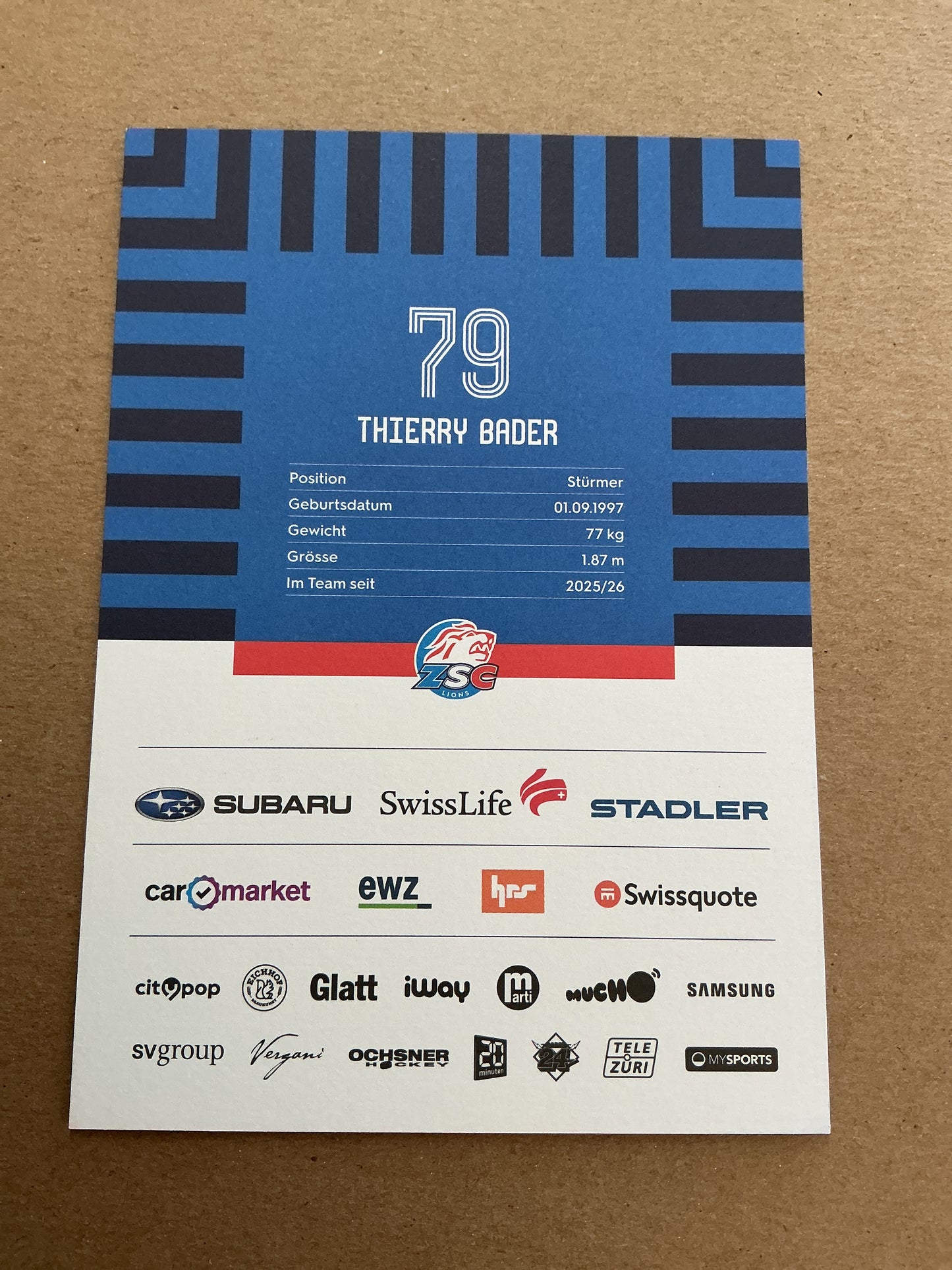 Thierry Bader, Switzerland 🇨🇭 ZSC Lions 2025/26 hand signed