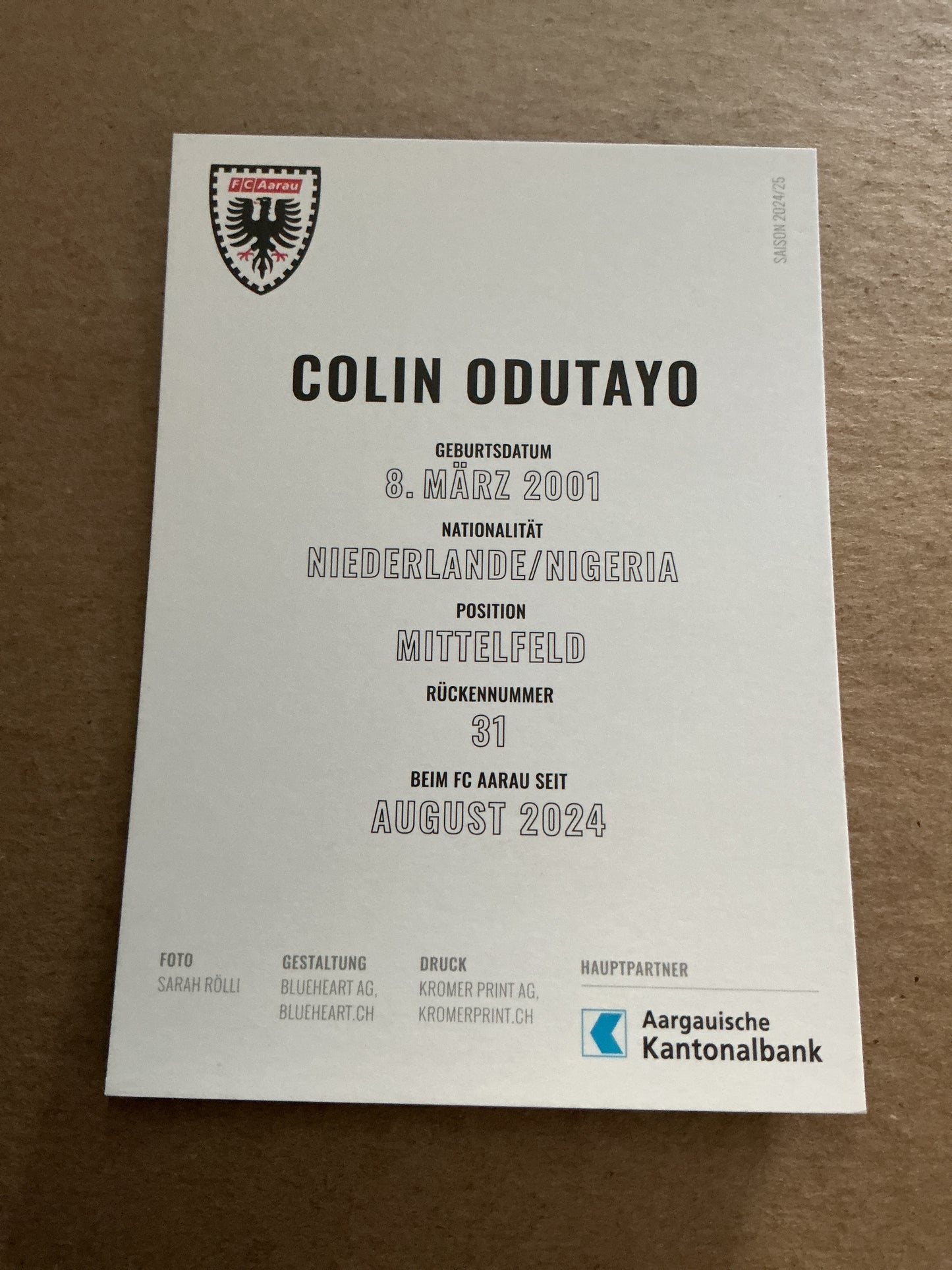 Colin Odutayo, Netherlands 🇳🇱 FC Aarau 2024/25 hand signed