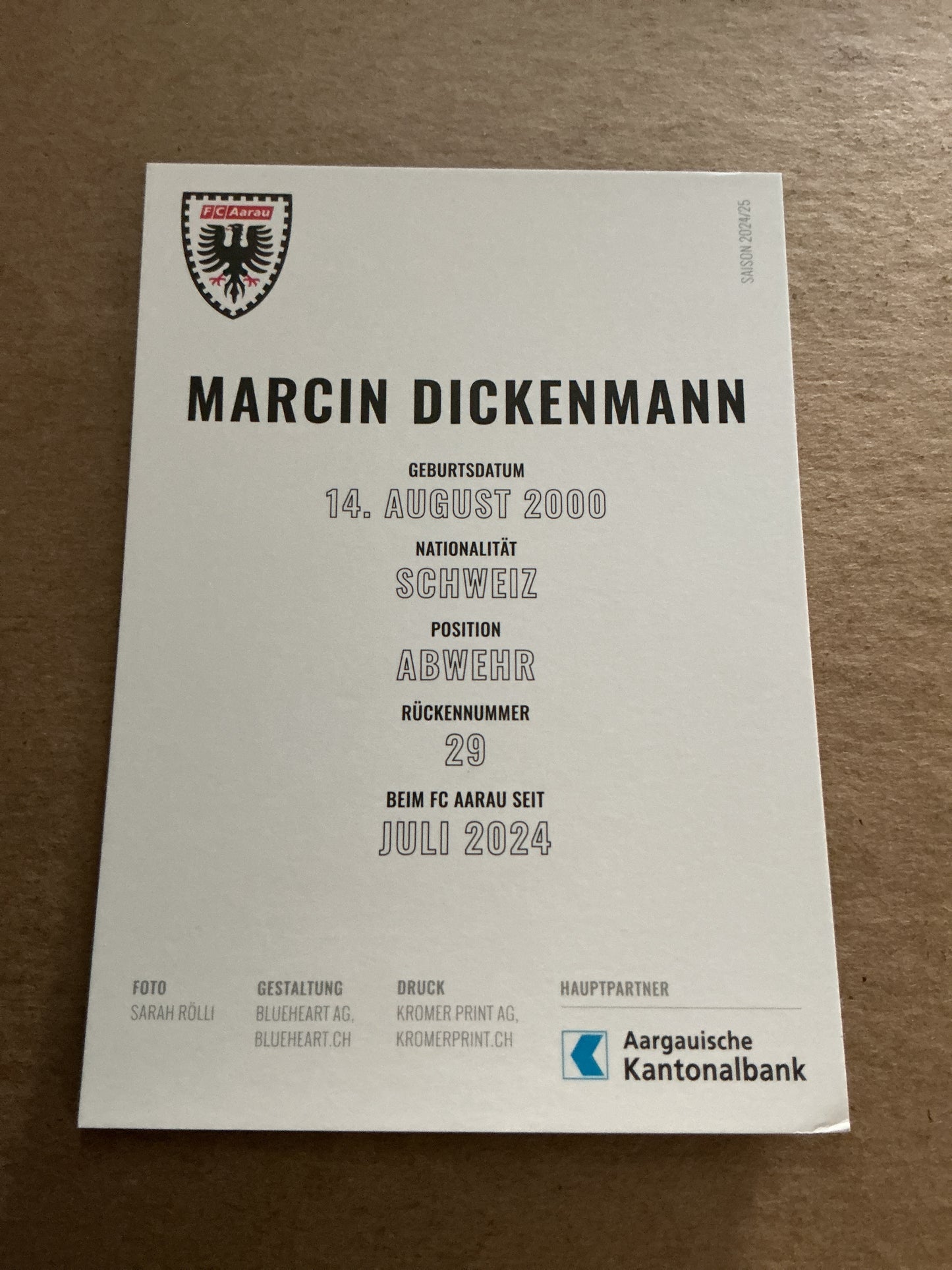 Marcin Dickenmann, Switzerland 🇨🇭 FC Aarau 2024/25 hand signed