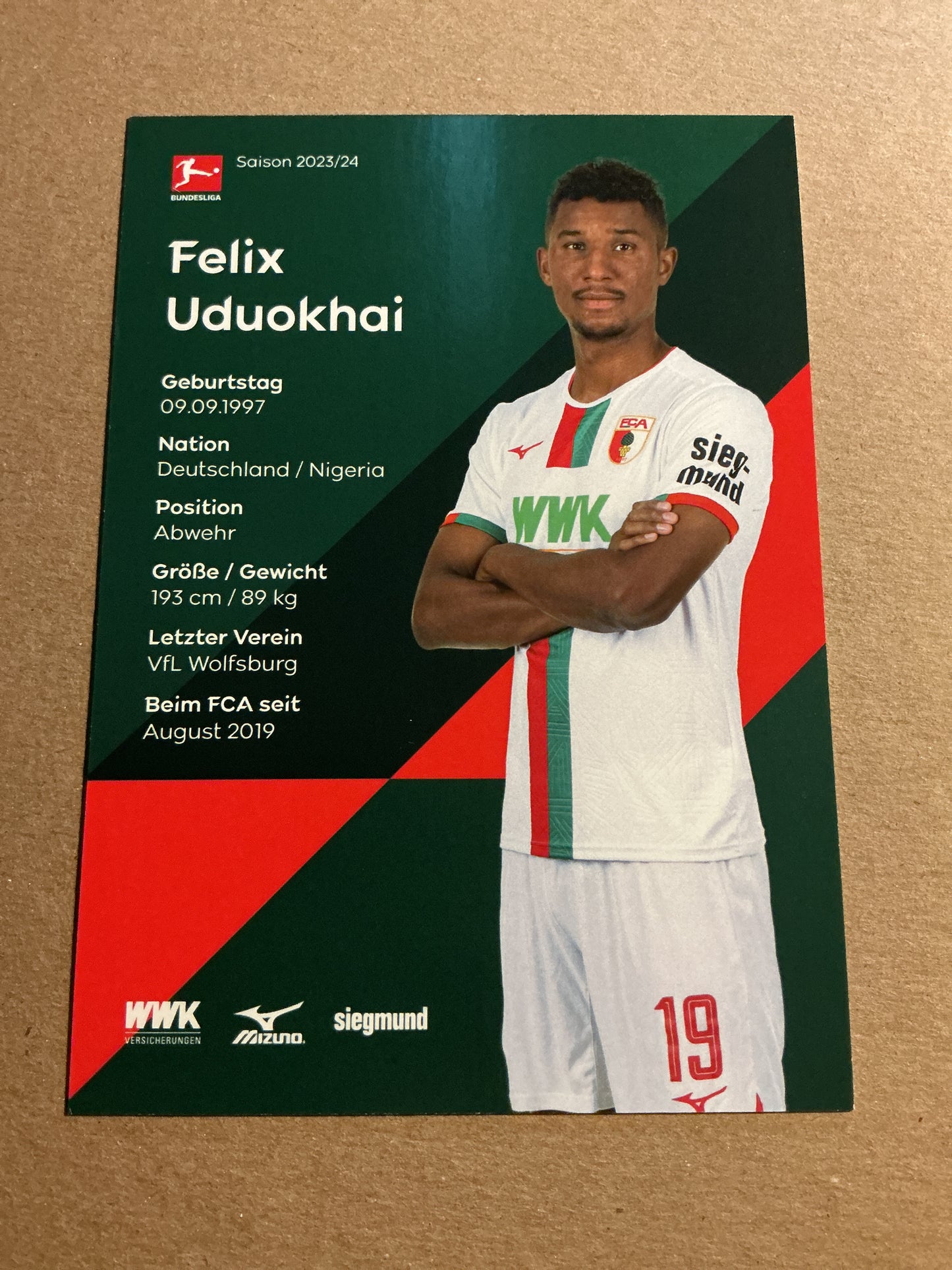 Felix Uduokhai, Germany 🇩🇪 FC Augsburg 2023/24 hand signed