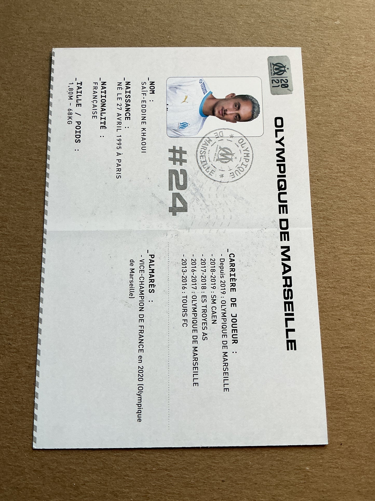 Saîf-Eddine Khaoui, Tunisia 🇹🇳 Olympique Marseille 2020/21 hand signed