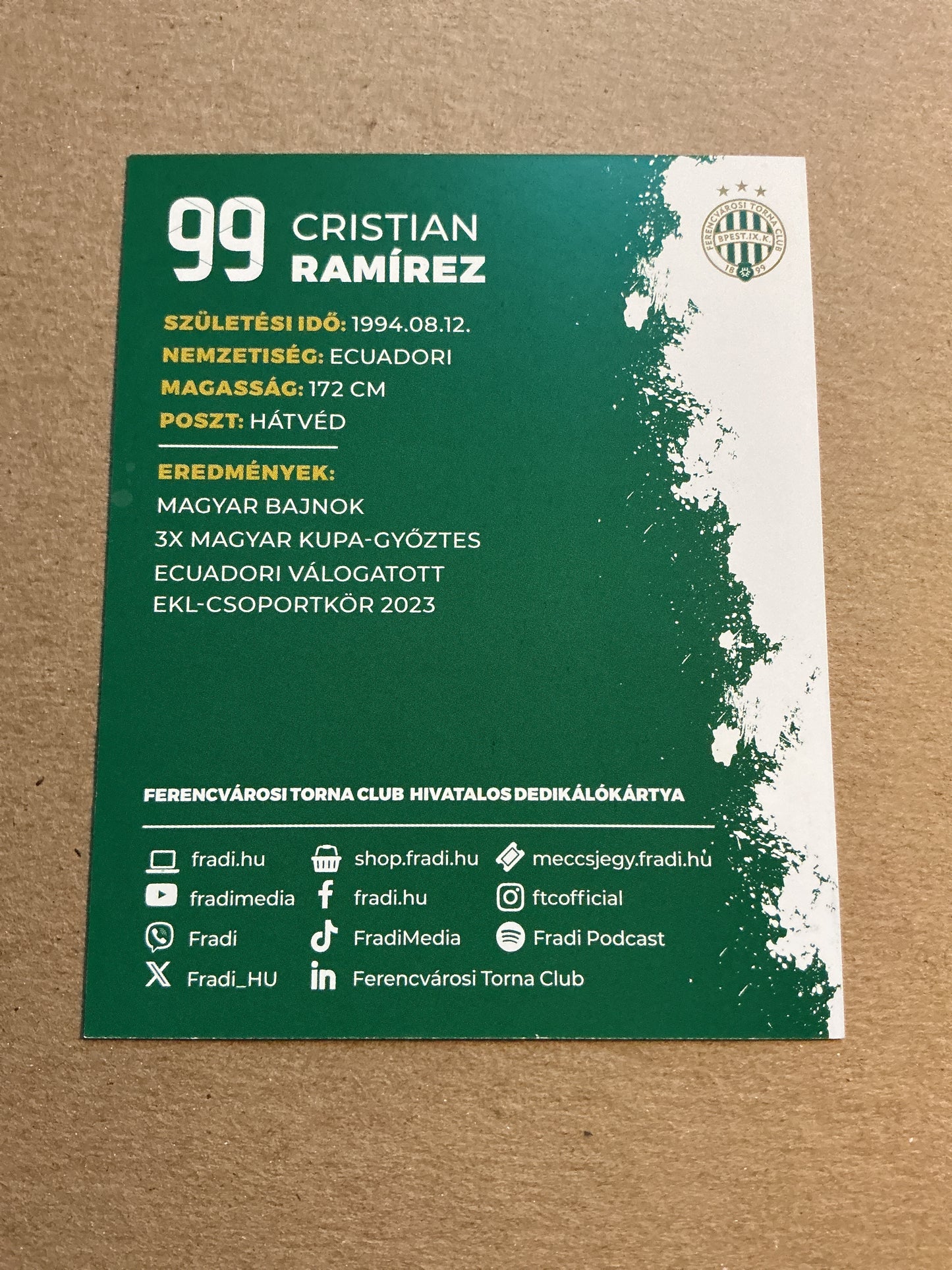 Cristian Ramirez, Ecuador 🇪🇨 Ferencváros TC 2023/24 hand signed