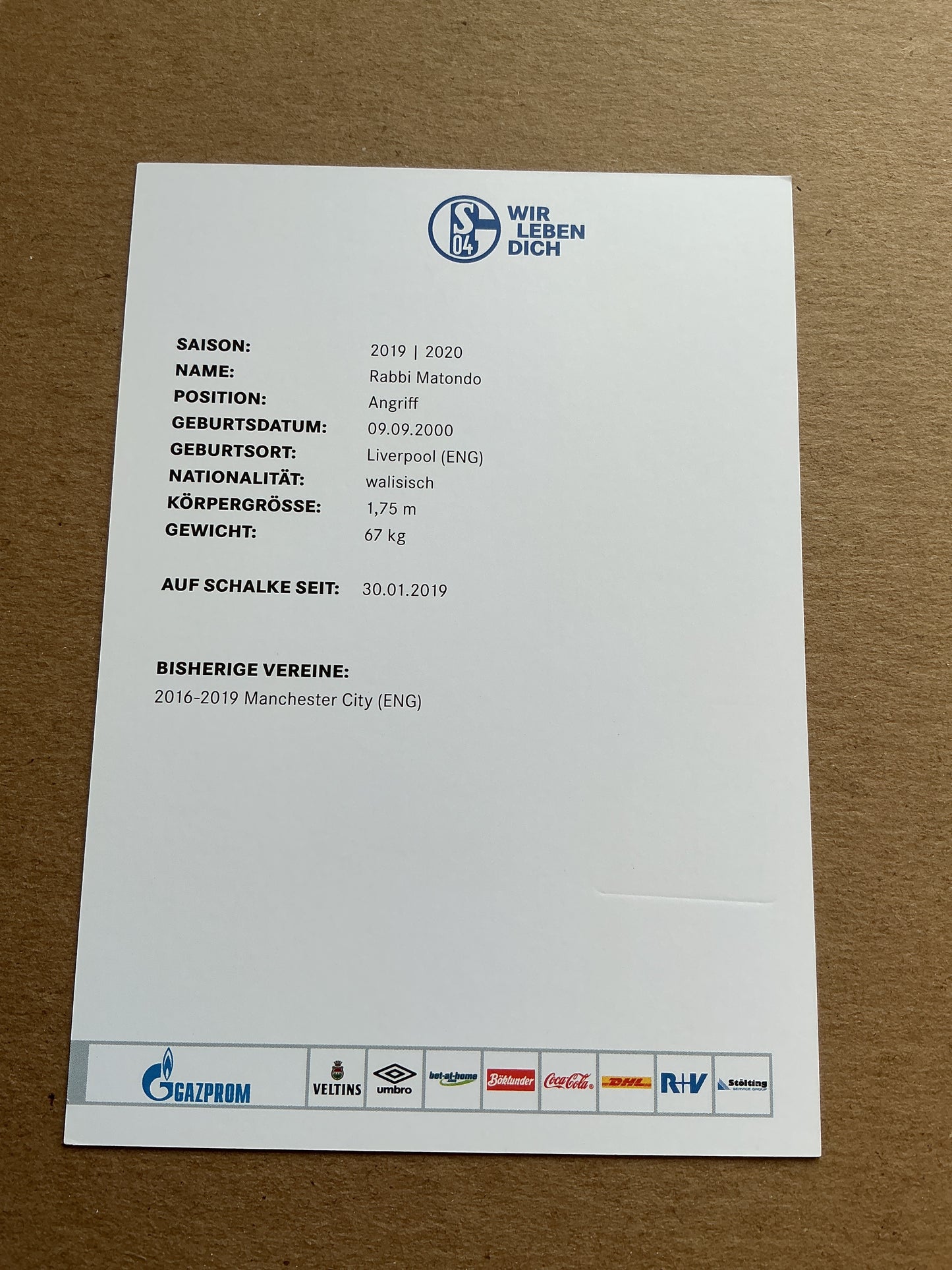 Rabbi Matondo, Wales 🏴󠁧󠁢󠁷󠁬󠁳󠁿 FC Schalke 04 2019/20 hand signed