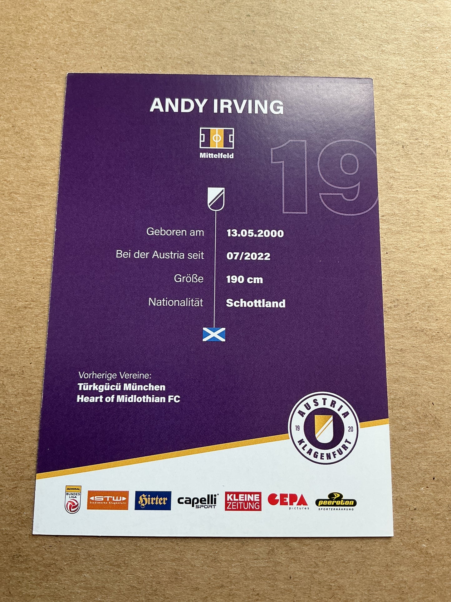 Andy Irving, Scotland 🏴󠁧󠁢󠁳󠁣󠁴󠁿 Austria Klagenfurt 2023/24 hand signed