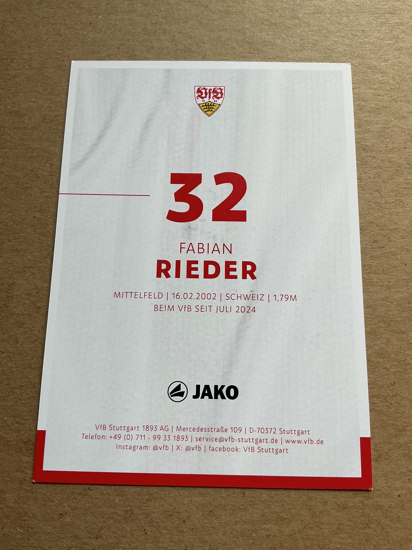 Fabian Rieder, Switzerland 🇨🇭 VfB Stuttgart 2024/25 hand signed