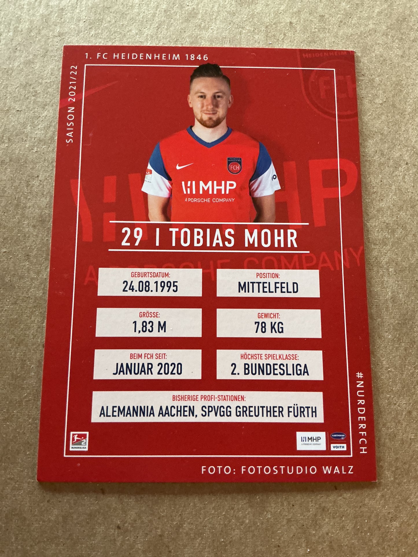Tobias Mohr, Germany 🇩🇪 1.FC Heidenheim 2021/22 hand signed