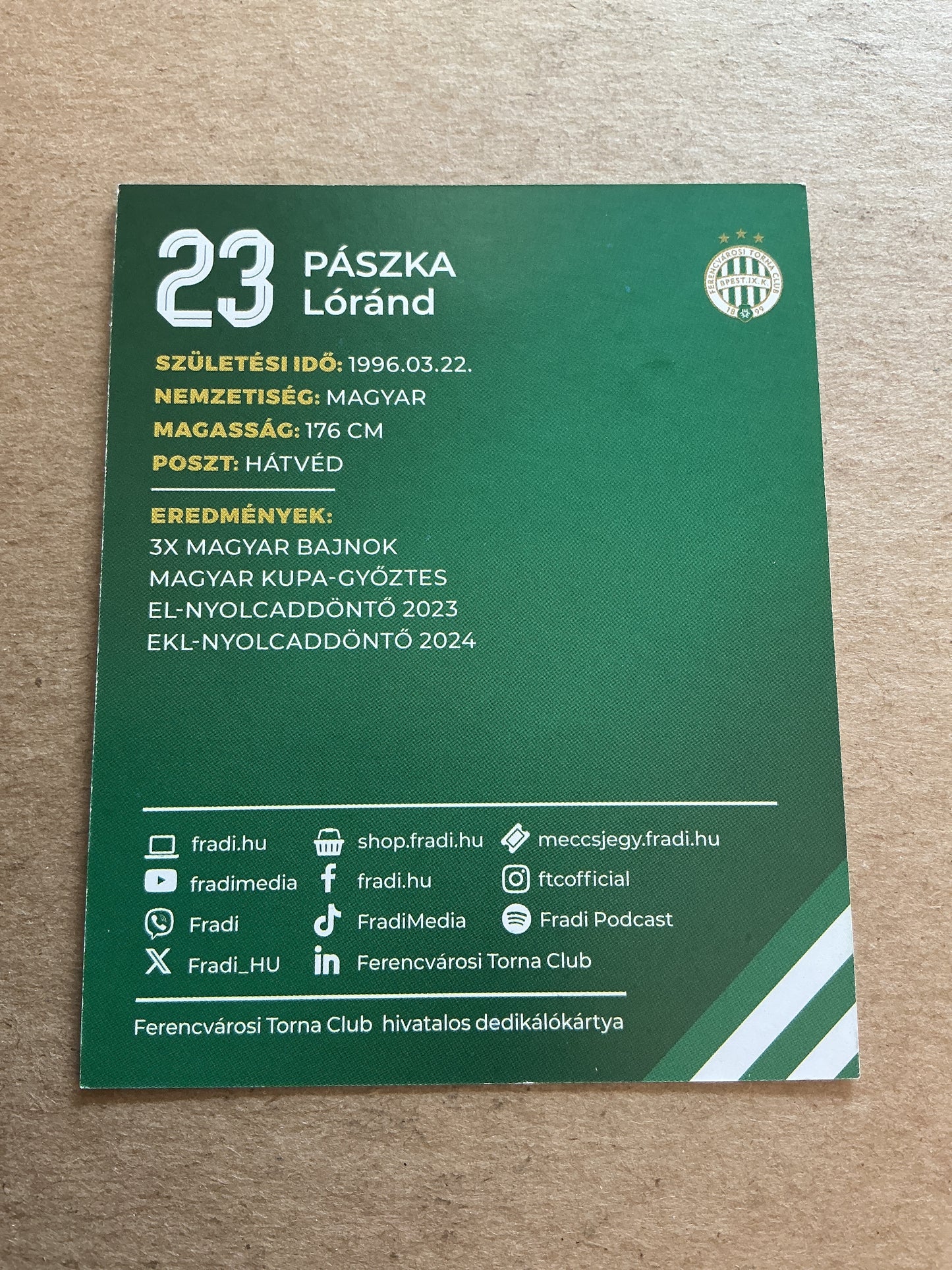 Lorand Paszka, Hungary 🇭🇺 Ferencvaros TC 2024/25 hand signed