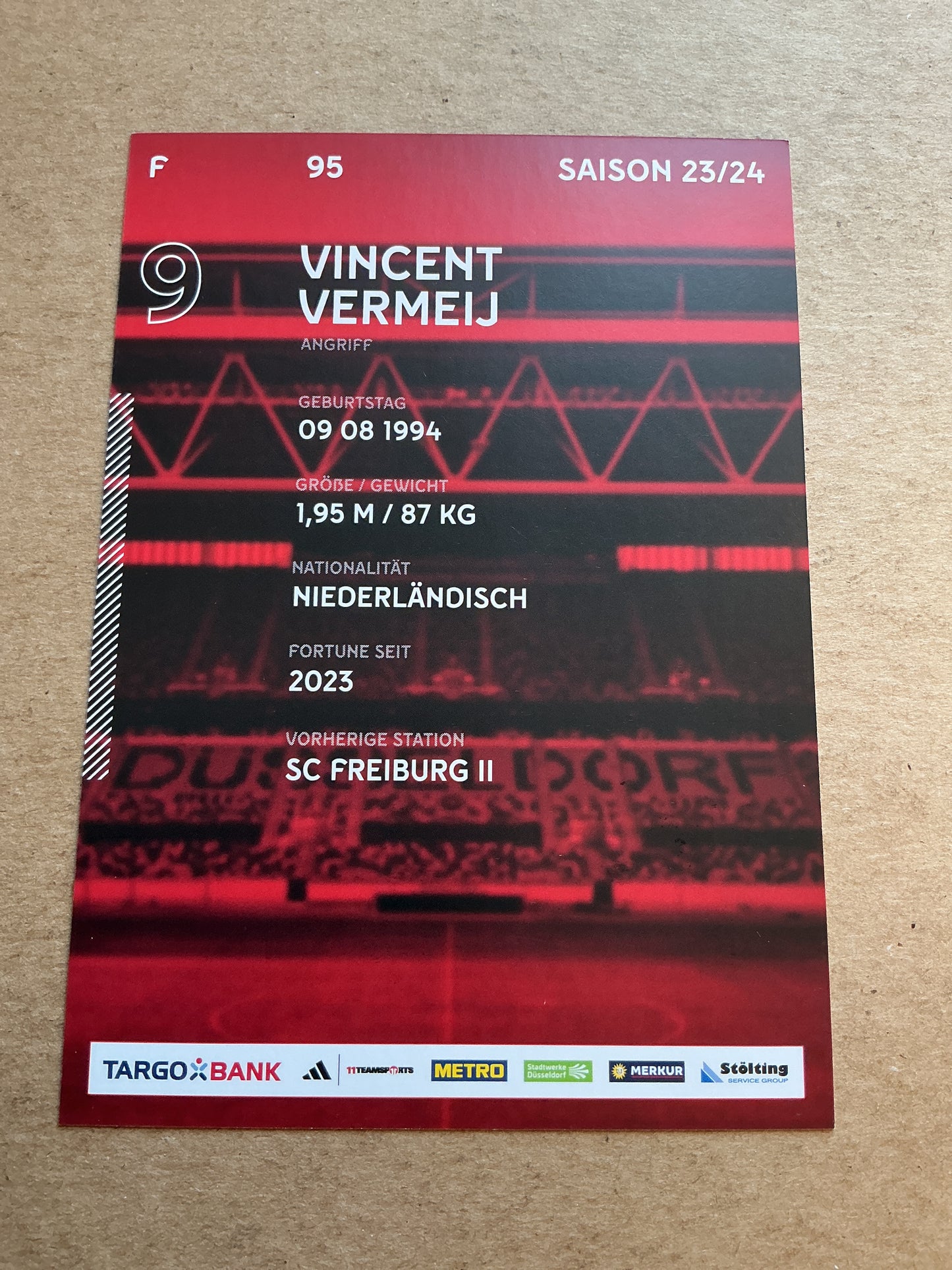 Vincent Vermeij, Netherlands 🇳🇱 Fortuna Düsseldorf 2023/24 hand signed
