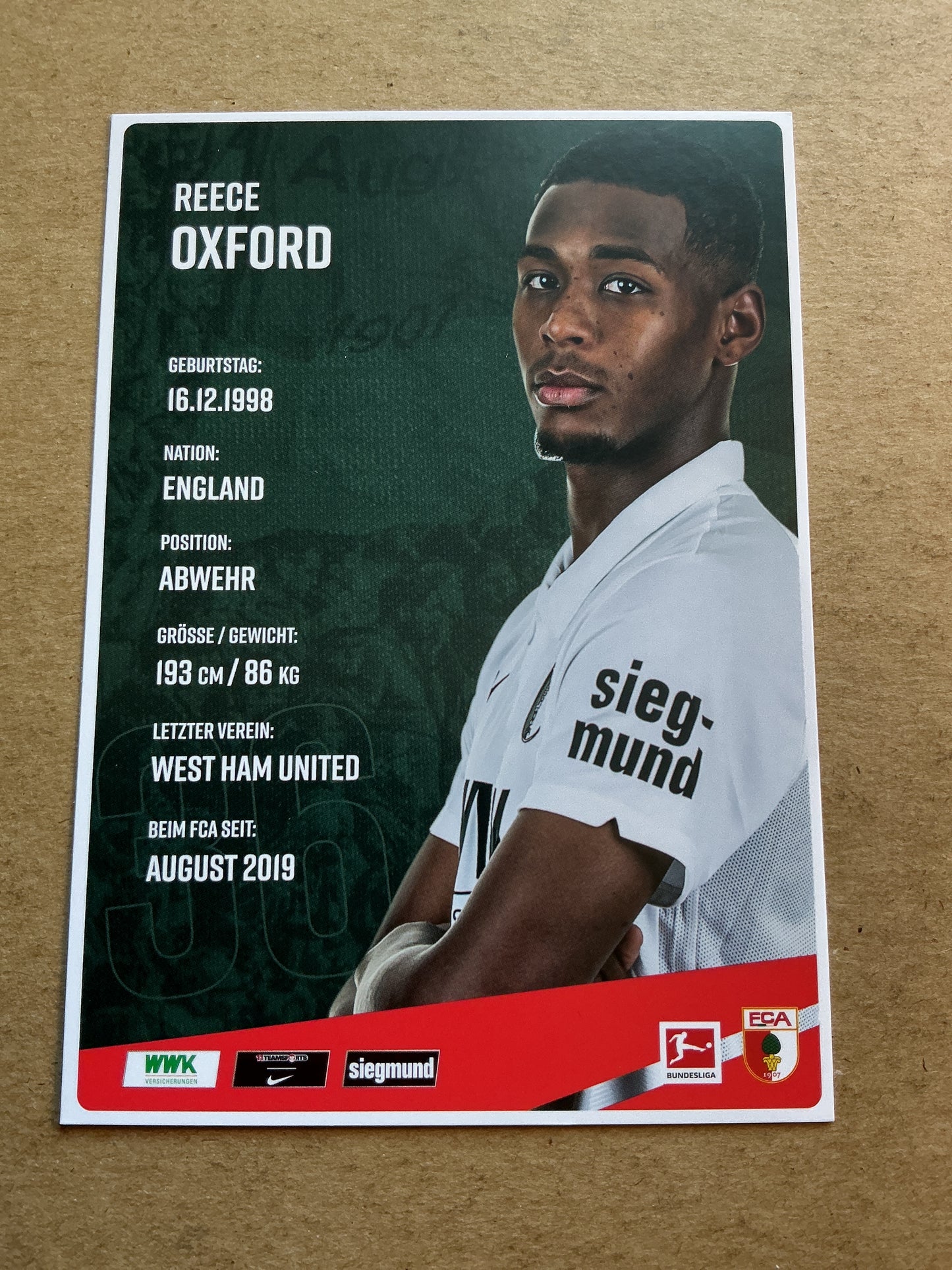 Reece Oxford, England 🏴󠁧󠁢󠁥󠁮󠁧󠁿 FC Augsburg 2020/21 hand signed