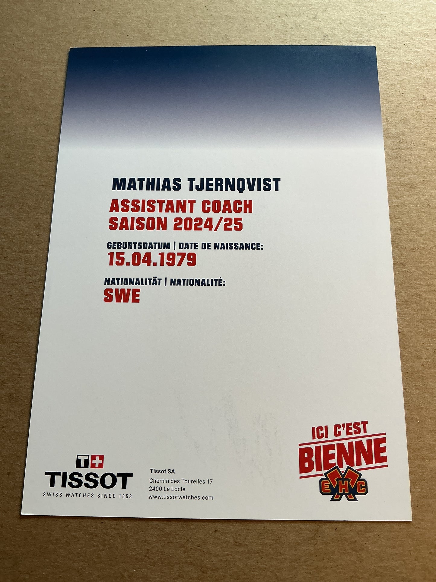 Mathias Tjernqvist, Sweden 🇸🇪 EHC Biel-Bienne 2024/25 hand signed