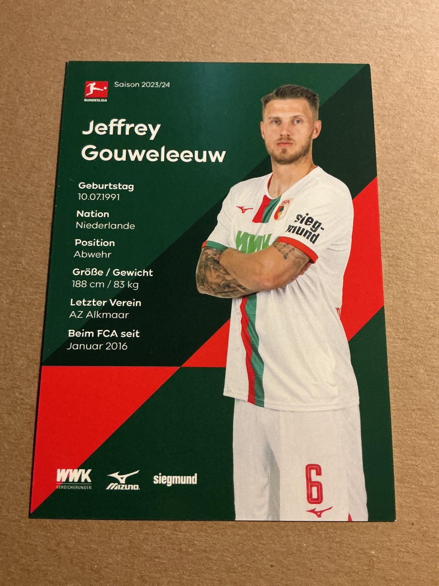 Jeffrey Gouweleeuw, Netherlands 🇳🇱 FC Augsburg 2023/24 hand signed