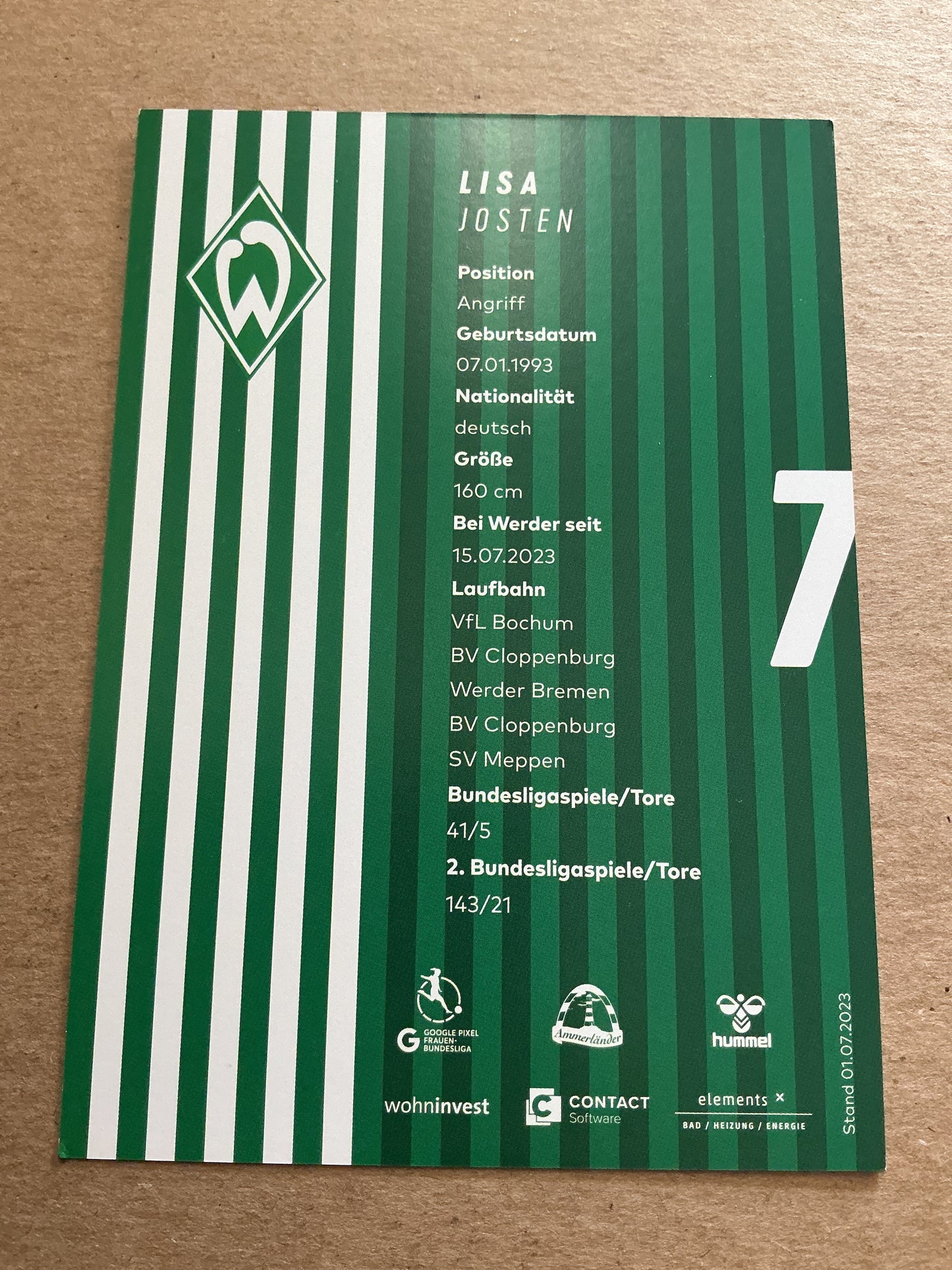 Lisa Josten, Germany 🇩🇪 SV Werder Bremen 2023/24 hand signed